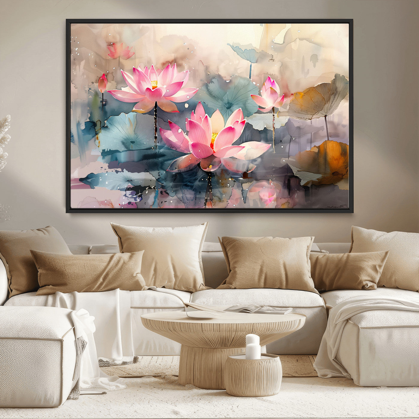 MGV-FC-36X24 - Lotus Flower Wall Art | 3-Panel Giclee Canvas Print of Pink Lotus Blossoms for Living Room, Bedroom, Office | Framed Lotus Floral Wall Art Decor Print