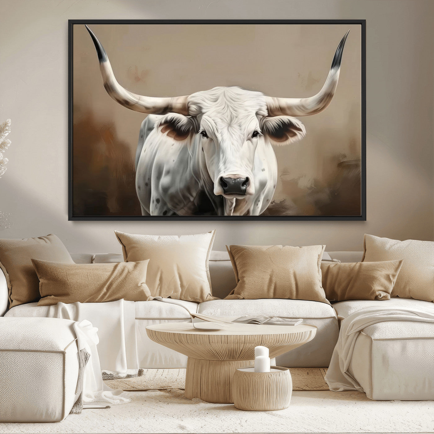 -White Longhorn Bull Wall Art Canvas Print – Framed and Ready to Hang – Perfect for Farmhouse and