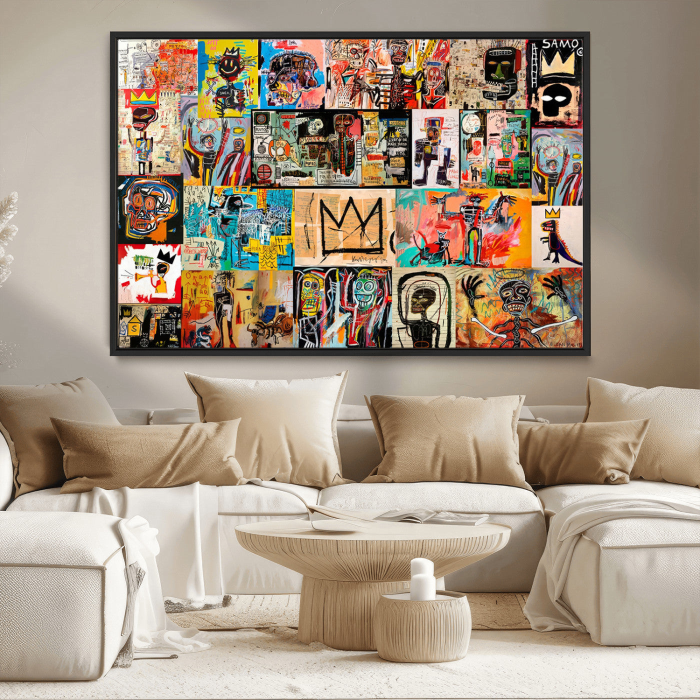 MGV-FC-36X24 - Basquiat Art Collage Wall Art Canvas Print – Framed, Ready to Hang, Urban Graffiti Style
