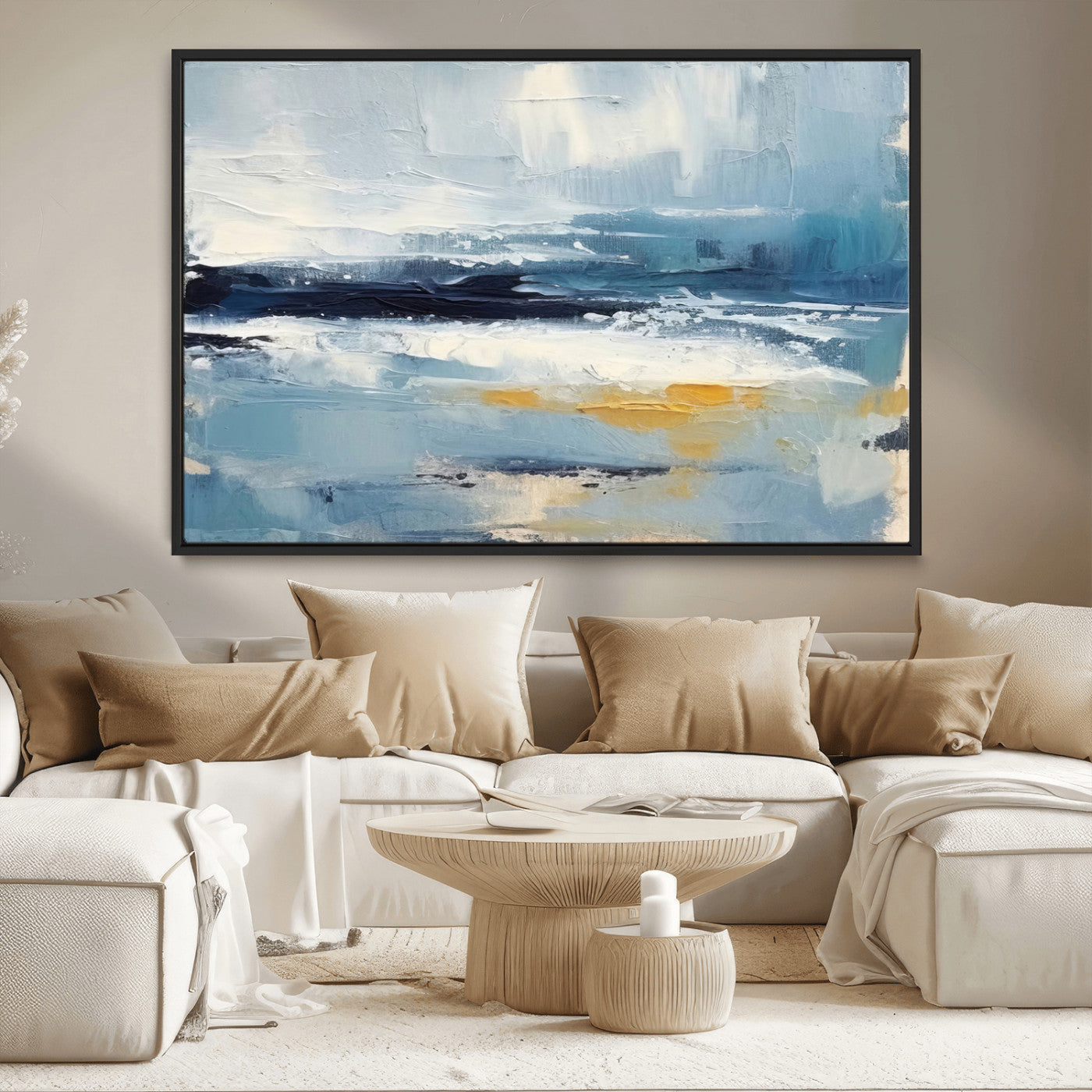 MGV-FC-36X24 - Abstract Ocean Canvas Wall Art - Coastal Blue and Gold Textured Painting, Modern Seascape Decor for Living Room Decor