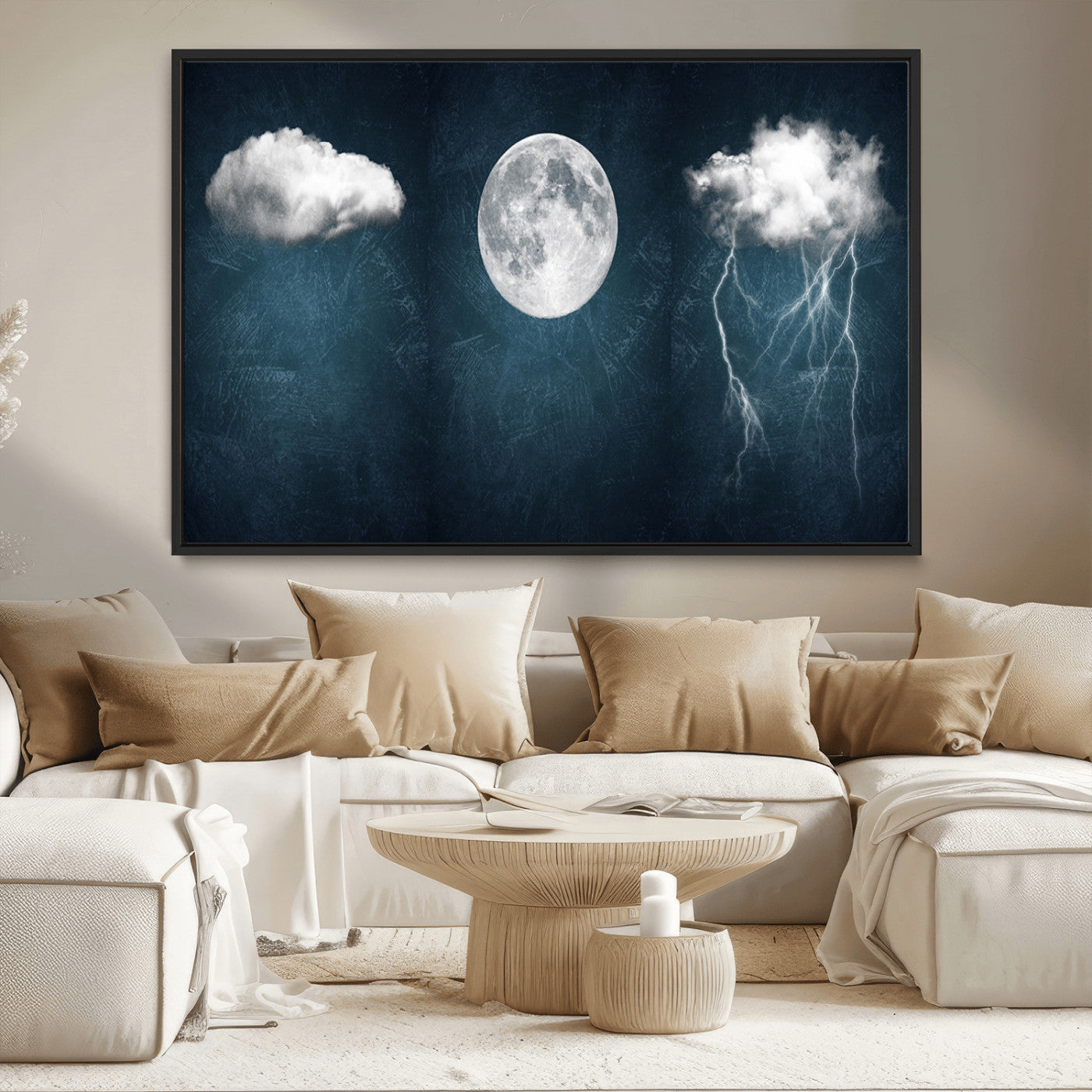 -3 Piece Indigo Cloud Wall Art, Thunderstorm Moon Cloud Artworks