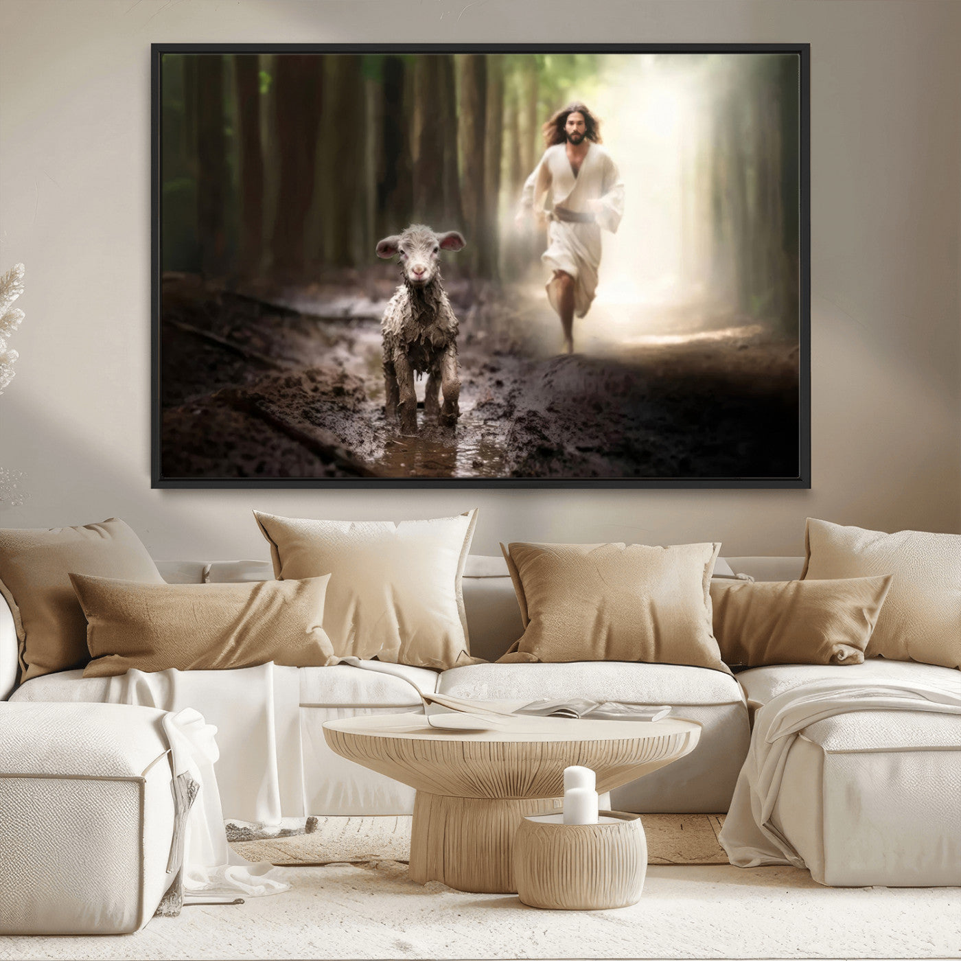 MGV-FC-36X24 - Jesus Canvas Wall Art - Jesus Running After Lost Lamb, Jesus, Christian Home Decor - Church Wall Art