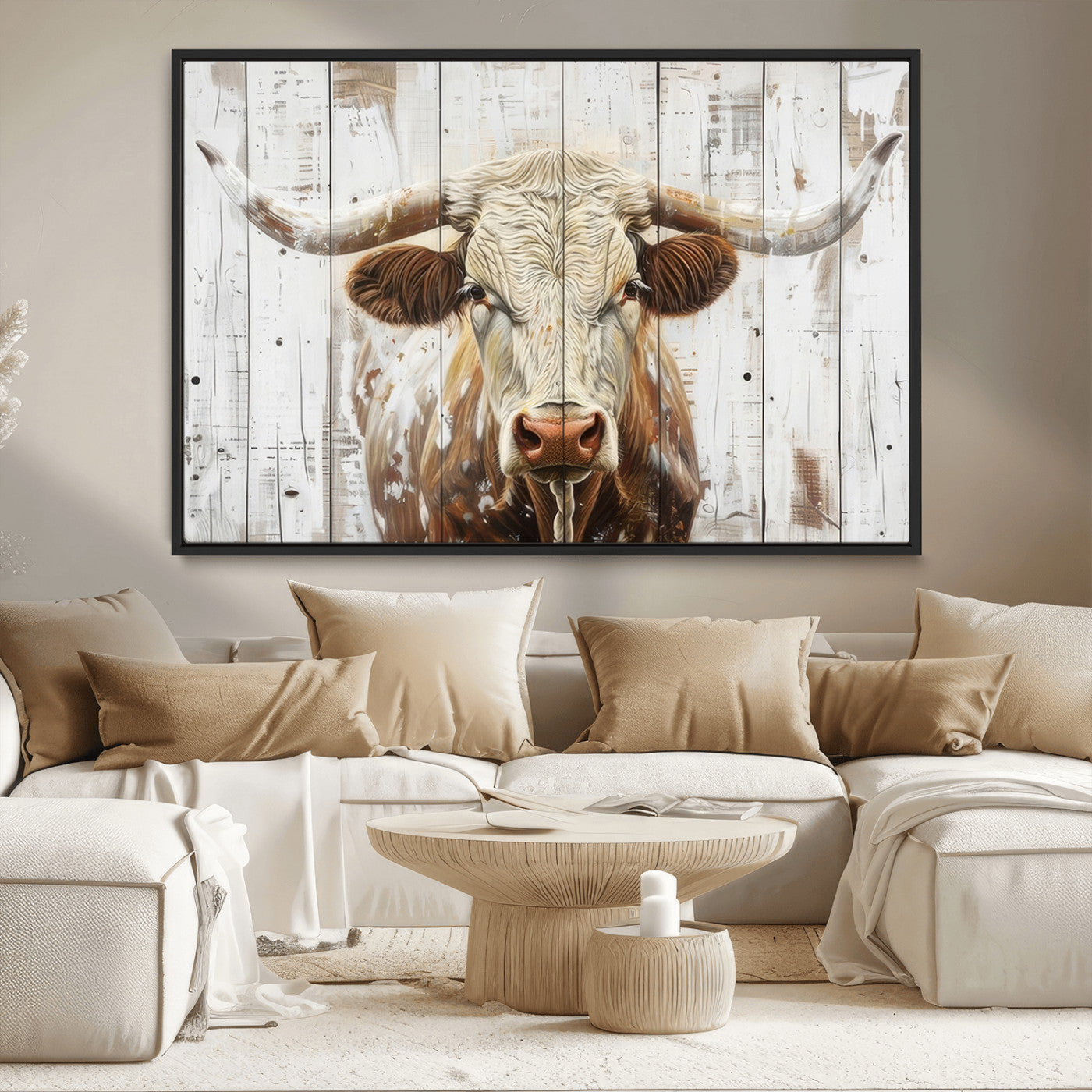 -Rustic Longhorn Bull Wall Art Canvas Set – Western-Inspired Farmhouse Décor - Ready to Hang