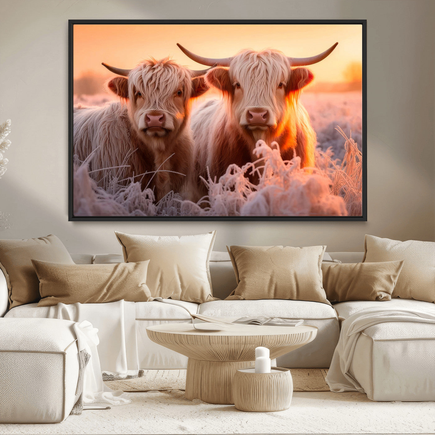 -Highland Cows at Sunrise Wall Art Canvas Set – Serene and Rustic Farmhouse Decor