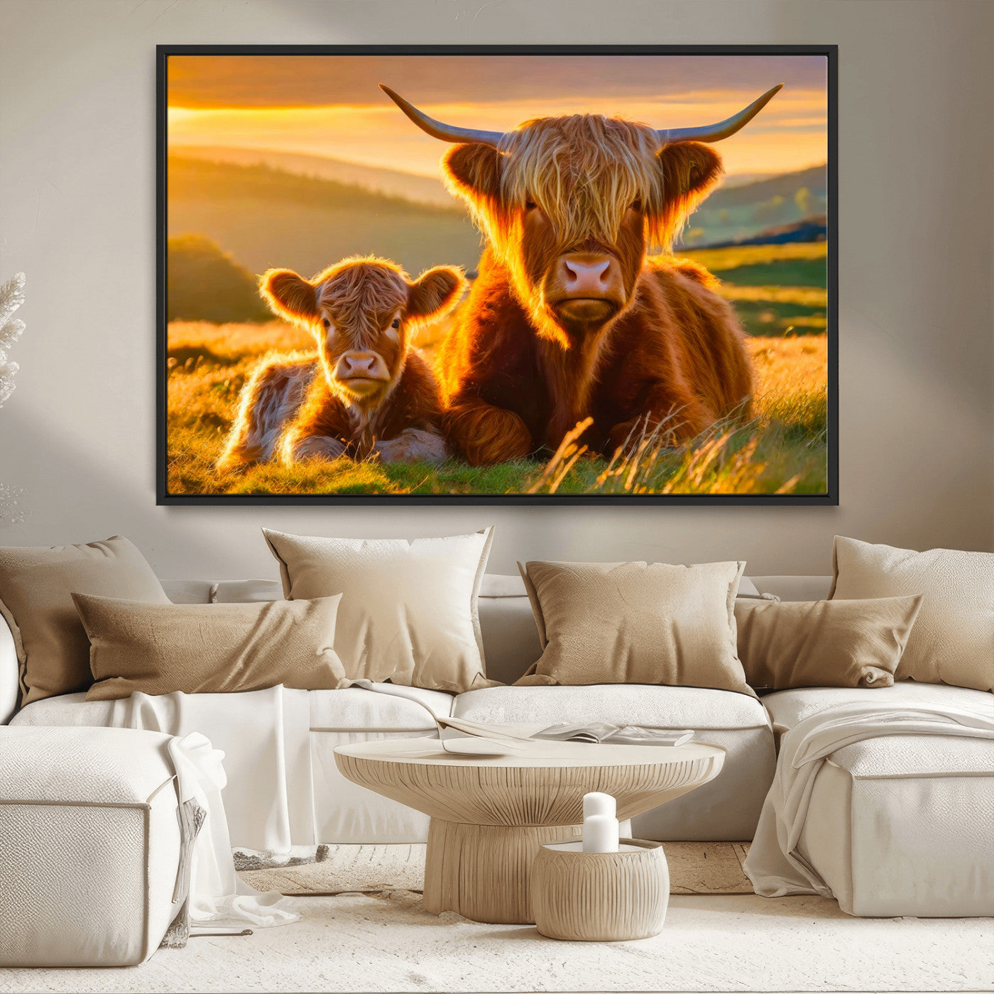 -Scottish Cow and Baby Cow Canvas Wall Art Animal Print Fluffy Cattle Framed Farmhouse Decor