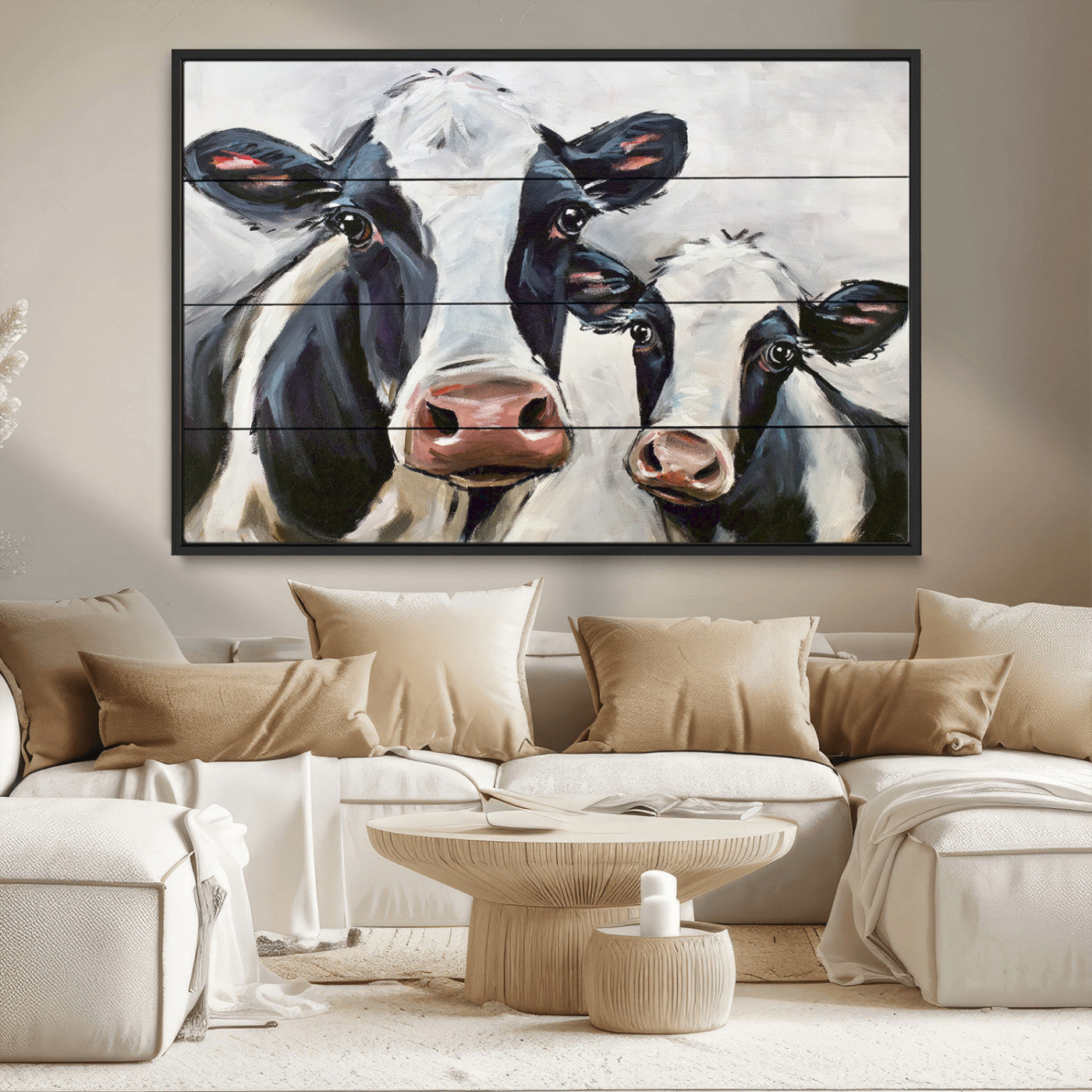 -Vintage Baby and Mom Cattle Wall Art Canvas Print