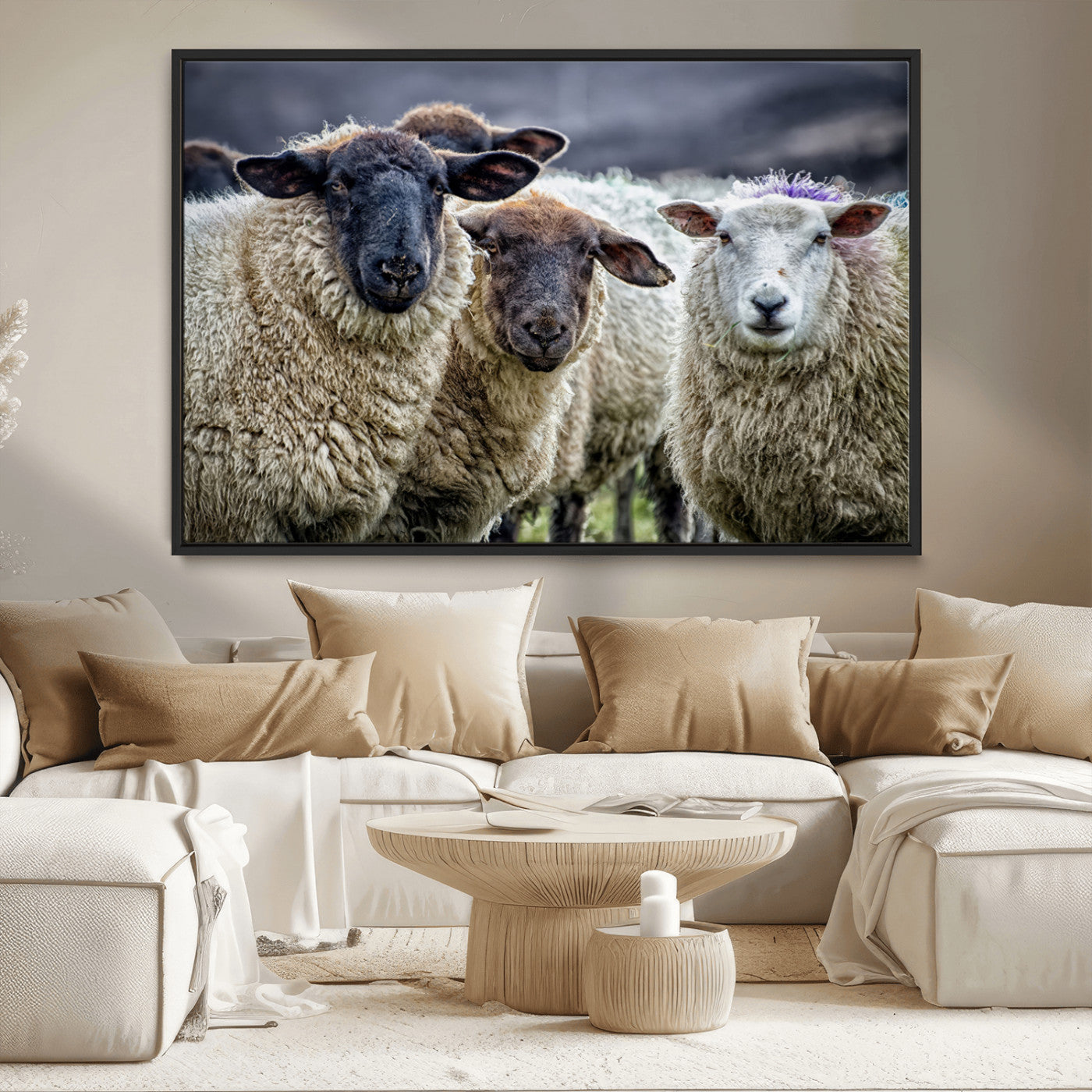 -Charming Sheep Portrait Wall Art – Trio of Woolly Companions Canvas Print, Framed, Ready to Hang