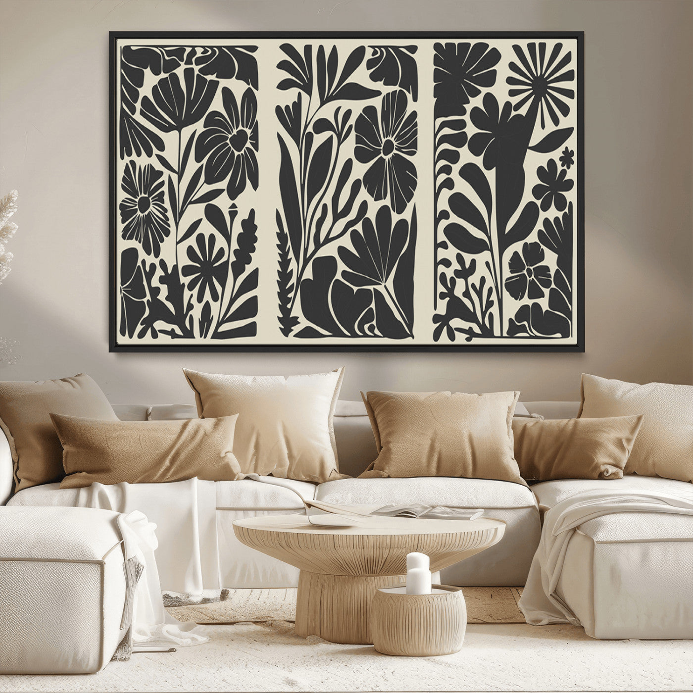 MGV-FC-36X24 - Modern Botanical Wall Art - Floral Black and White Canvas Print, Framed, Ready to Hang