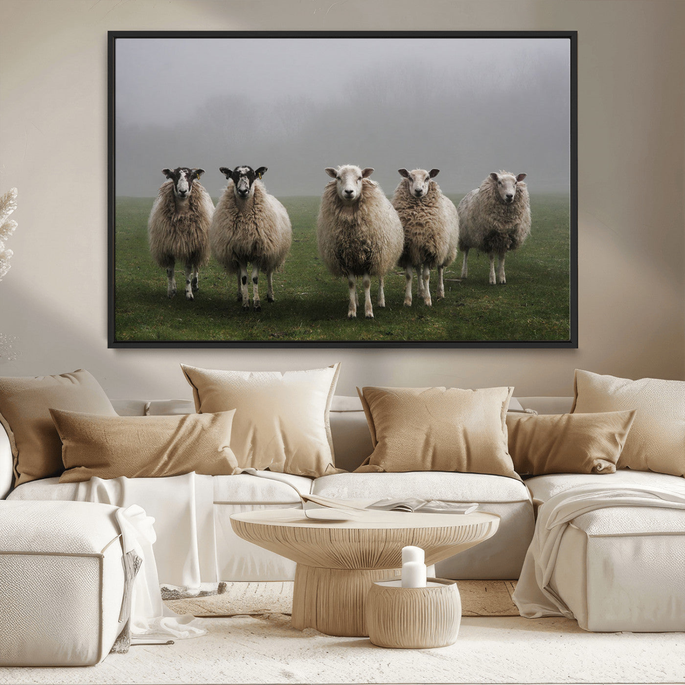 -Flock of Sheep in a Mystical Fog – Pastoral Wall Art Canvas Print, Framed, Ready to Hang