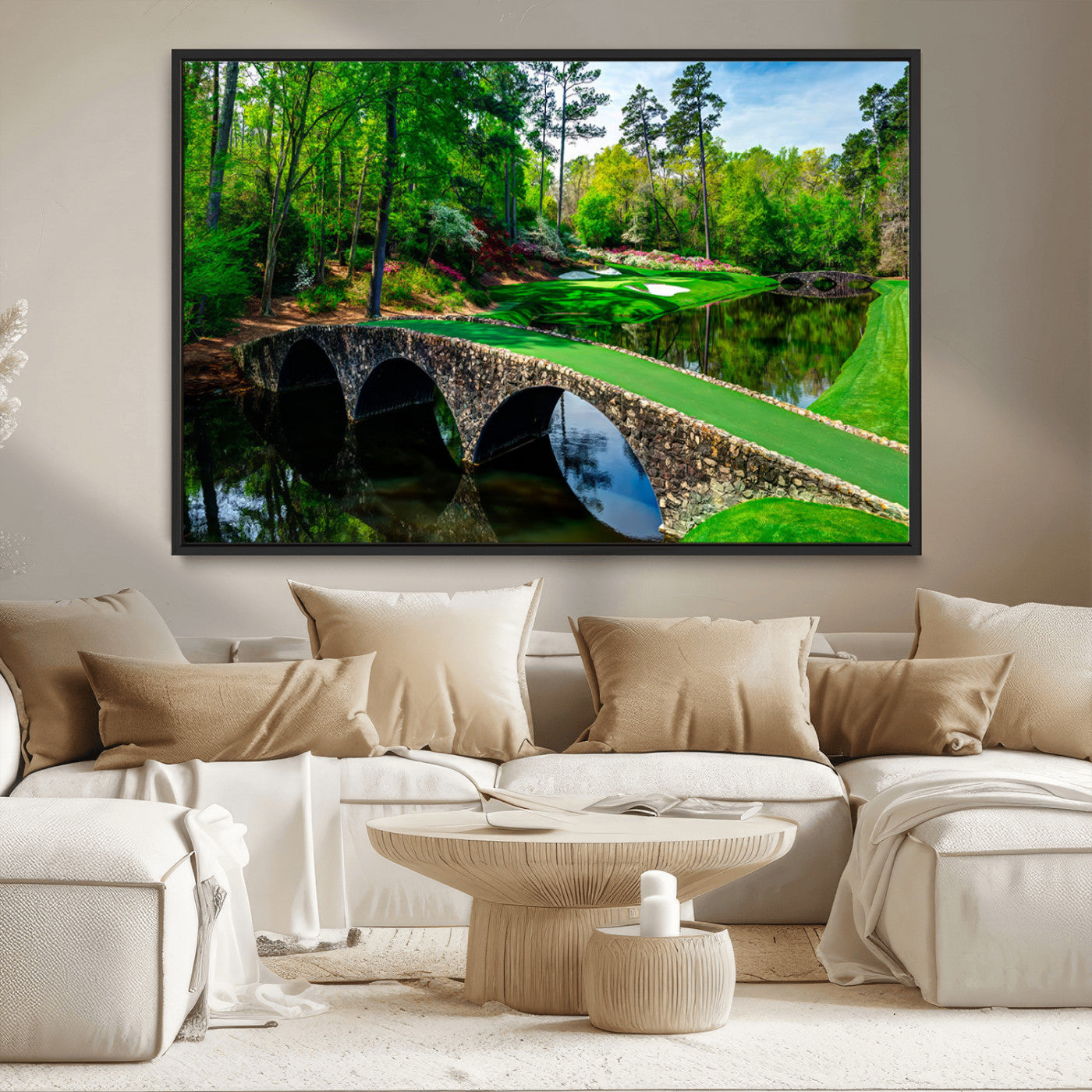 MGV-FC-36X24 - Augusta National Golf Club Wall Art - Panoramic Bridge & Lush Greenery – Premium Framed, Ready-to-Hang Triptych Canvas