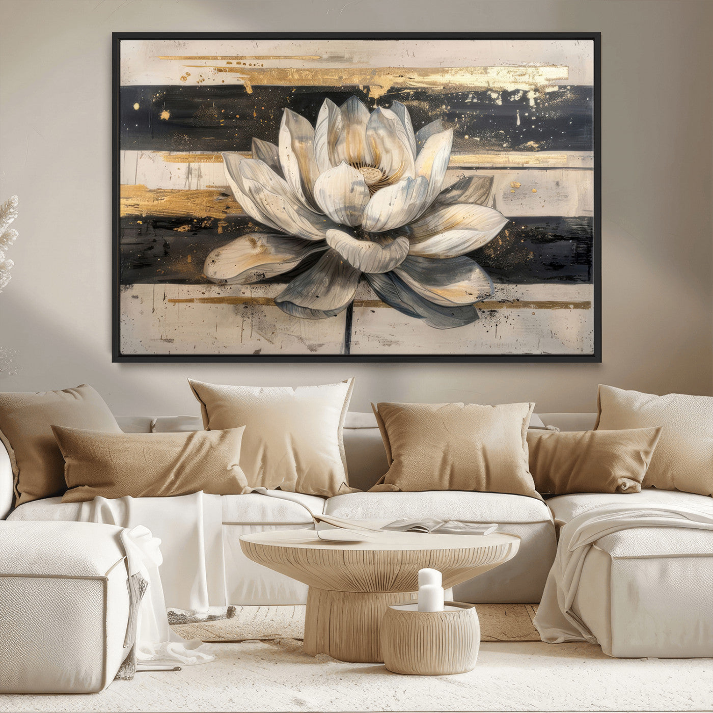 MGV-FC-36X24 - Lotus Flower Wall Art Canvas Print, Framed Abstract Lotus Art Picture Print, White Lotus Flower Perfect Abstract Floral Decor Artwork