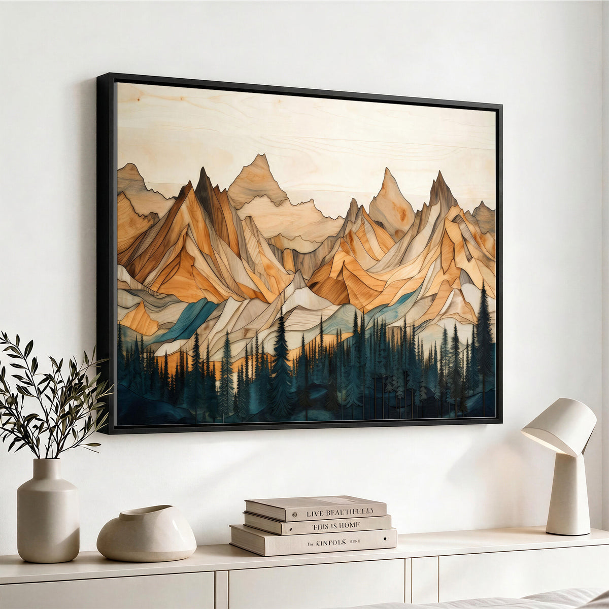 31576-MGV-CV-36X24 - Geometric Wood Mountain Landscape Wall Art Canvas Print, Rustic Forest Painting Print