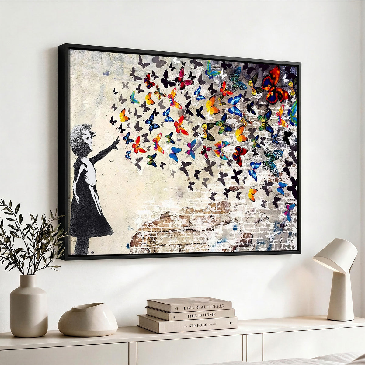 97895-MGV-CV-24X16 - Banksy Graffiti Wall Art Canvas Print, Girl Releasing Vibrant Butterflies