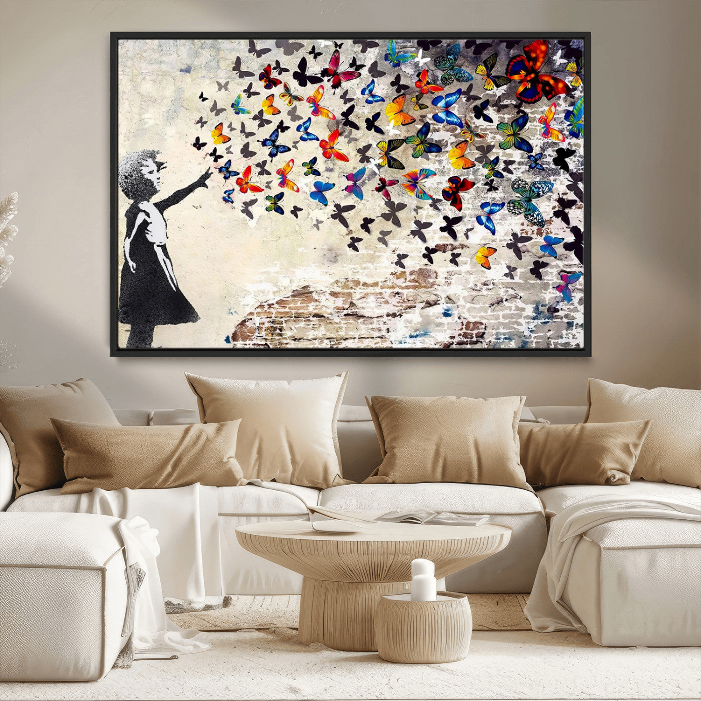 MGV-FC-36X24 - Banksy Graffiti Wall Art Canvas Print: Girl Releasing Vibrant Butterflies – Ready to Hang