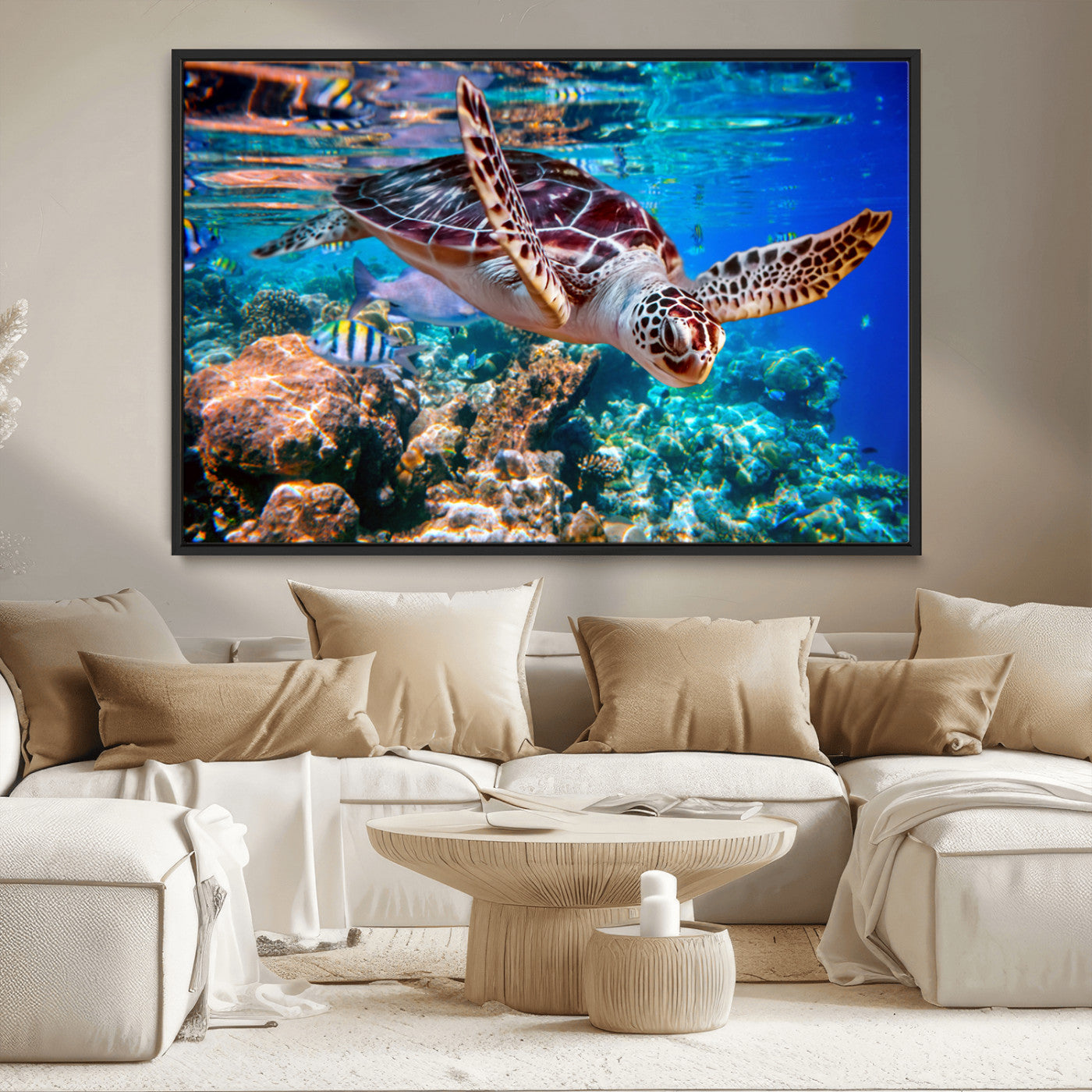 MGV-FC-36X24 - Underwater Coral Reef Sea Turtle Wall Art Canvas Print, Vibrant Marine Life | Colorful Ocean Scene