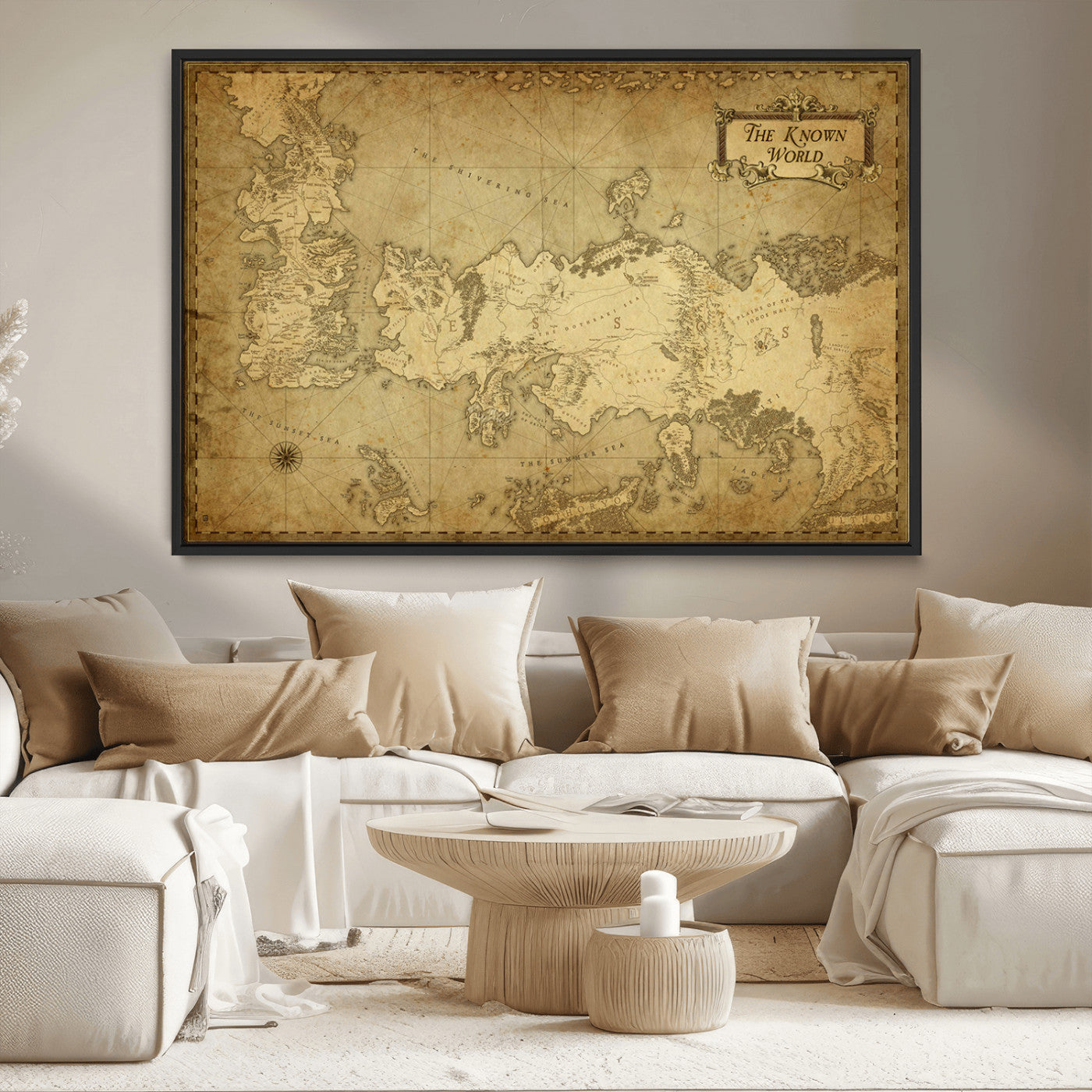 MGV-FC-36X24 - Vintage Game of Thrones Map Wall Art | Westeros and Essos Antique Style Print | The Known World in Triptych Canvas | Giclee Canvas for Fantasy Lovers