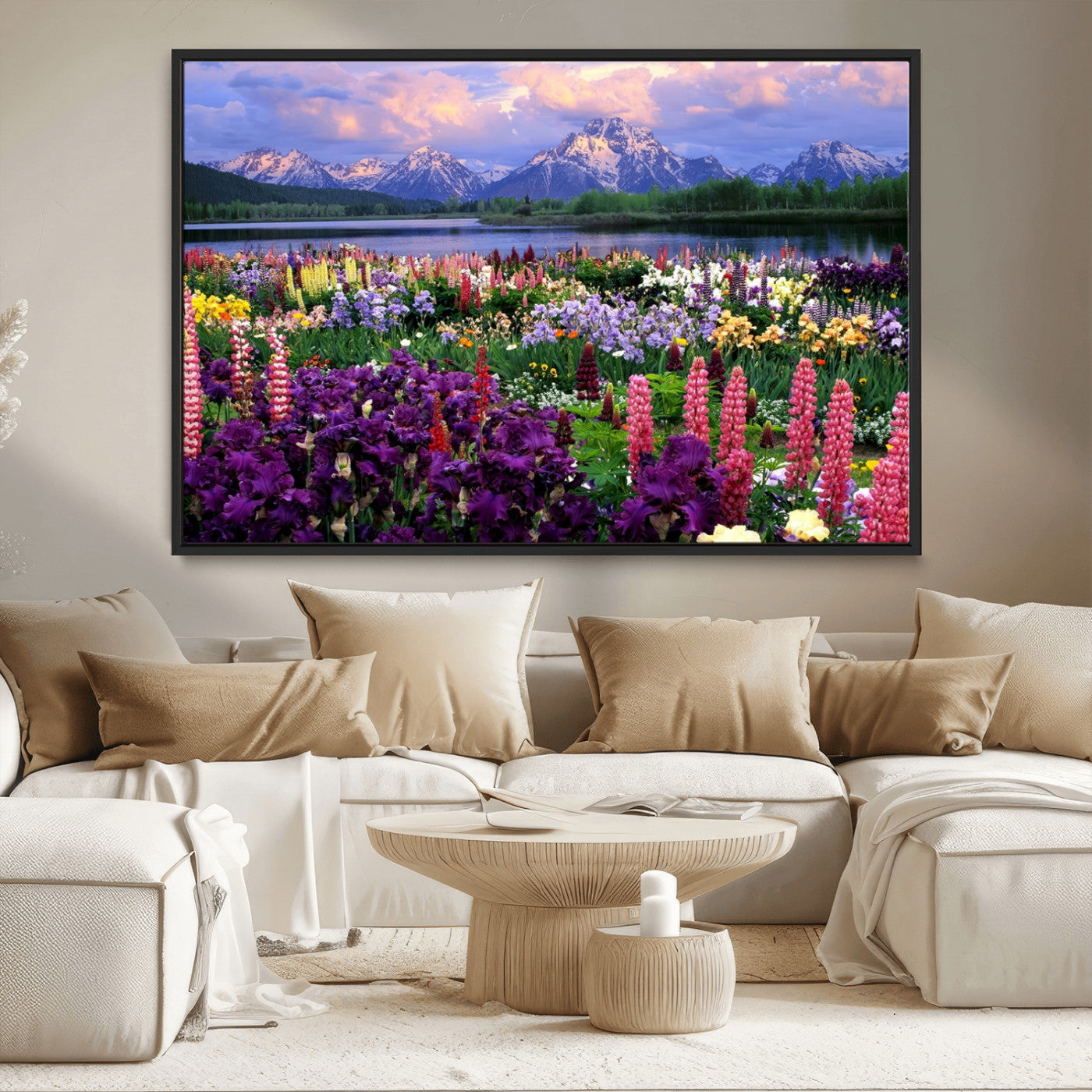 MGV-FC-36X24 - Vibrant Wildflower Garden and Mountain View Giclee Canvas Print | Floral Wall Art for Living Room