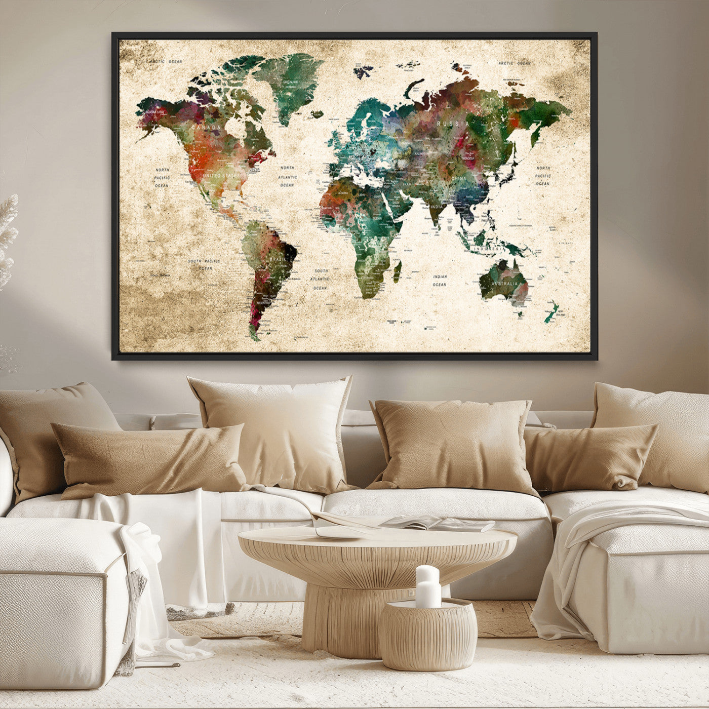 45128-MGV-CV-36X24-Push Pin World Map Canvas Print – Framed Wall Art for Couples to Track Their Travels – Anniversary Gift or Home Adventure Decor