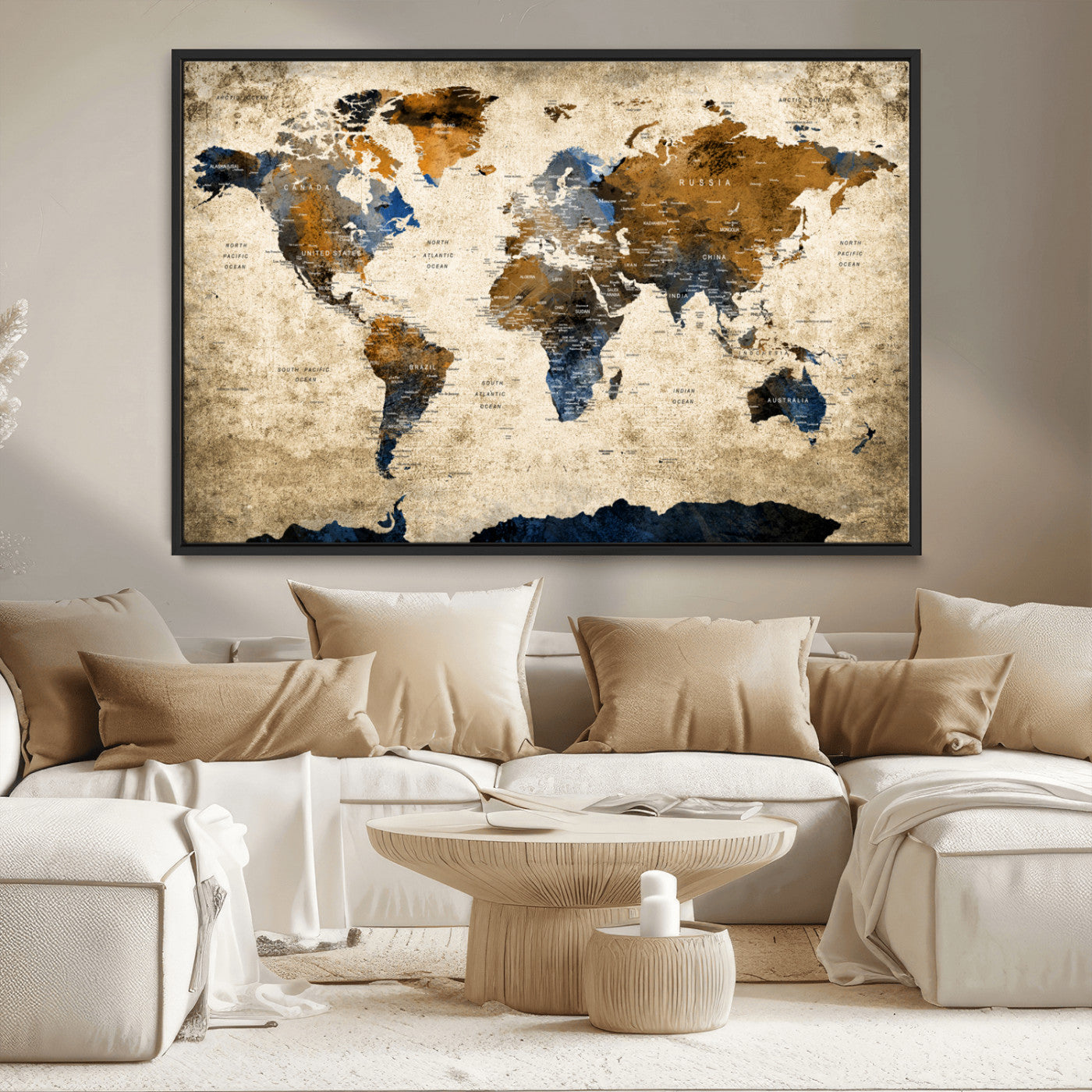 MGV-FC-36X24 - World Map Canvas Print – Framed Wall Art Anniversary Gift or Home Adventure Decor