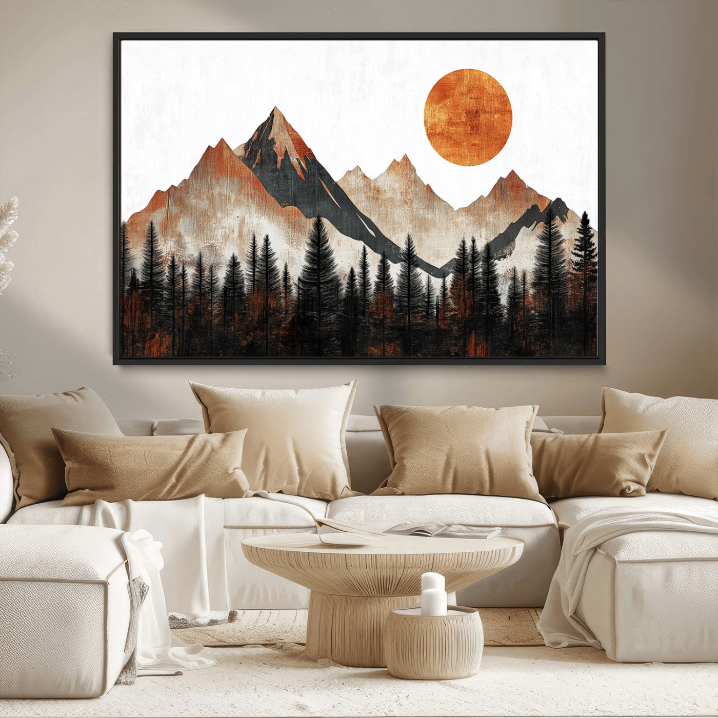 MGV-FC-36X24 - Modern Abstract Mountain Canvas Wall Art Print, Abstract Landscape Print, Rustic Sun and Mountains
