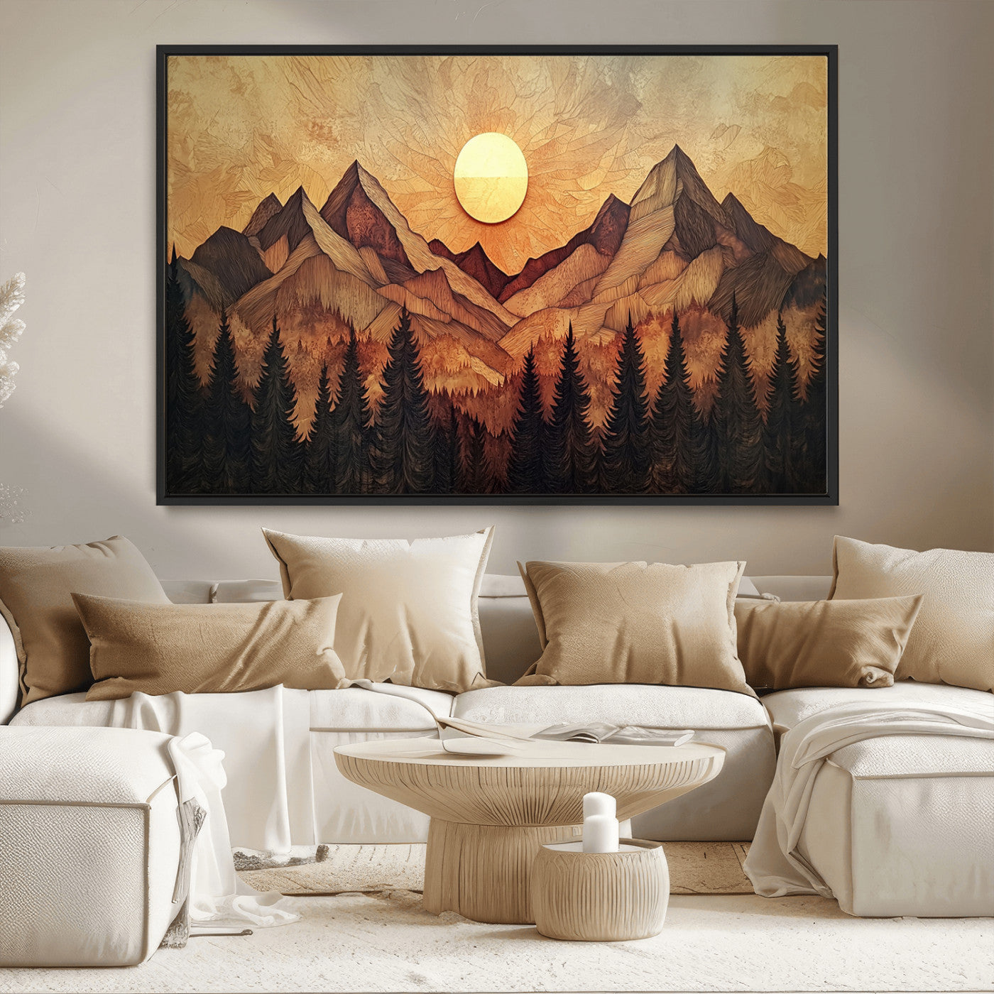 MGV-FC-36X24 - Wood Style Abstract Mountain Sunset Canvas Wall Art Print - Warm Earth Nature-Inspired Decor for