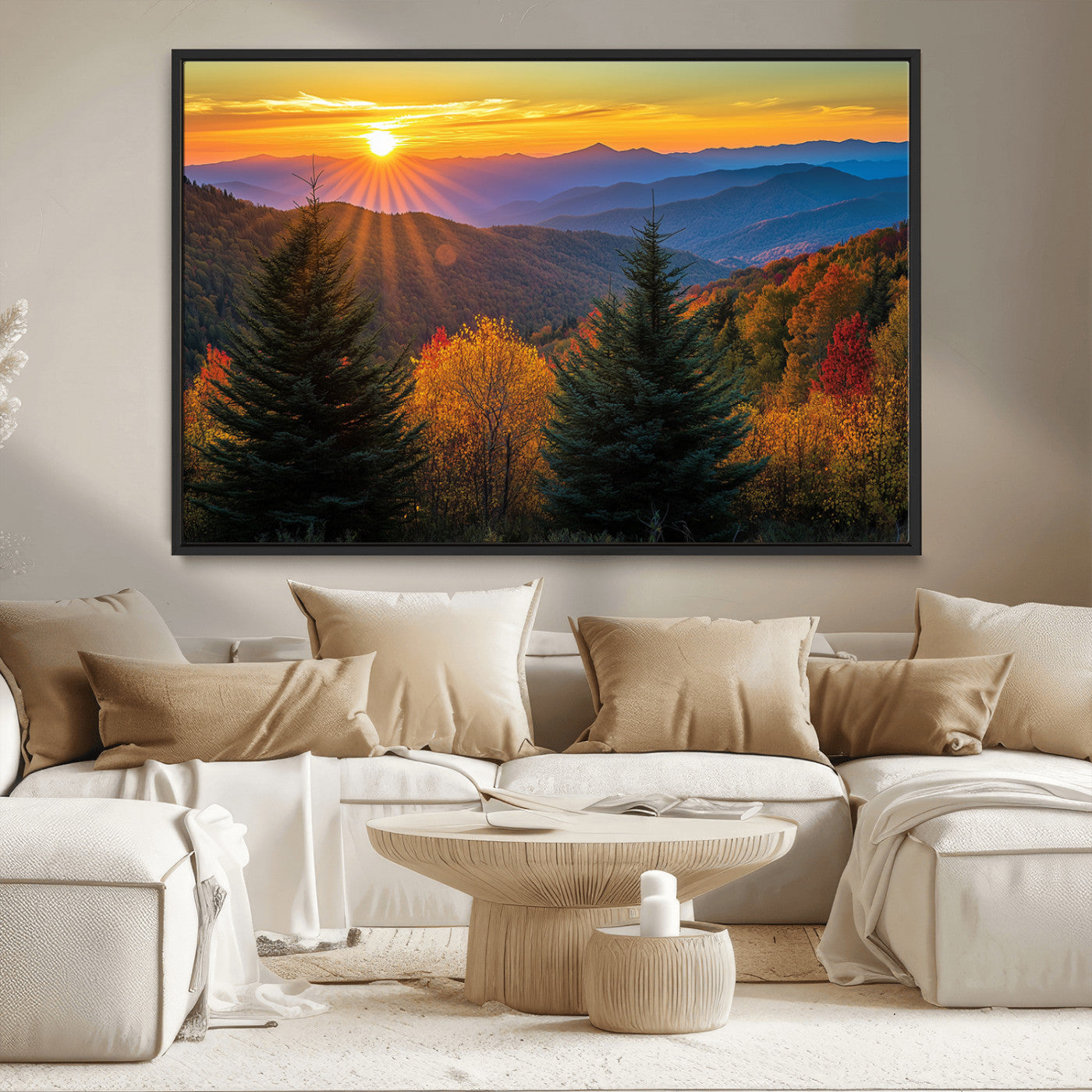 MGV-FC-36X24 - Golden Sunset Over Mountain Forest Canvas Wall Art Print - Warm Nature-Inspired Landscape for Living