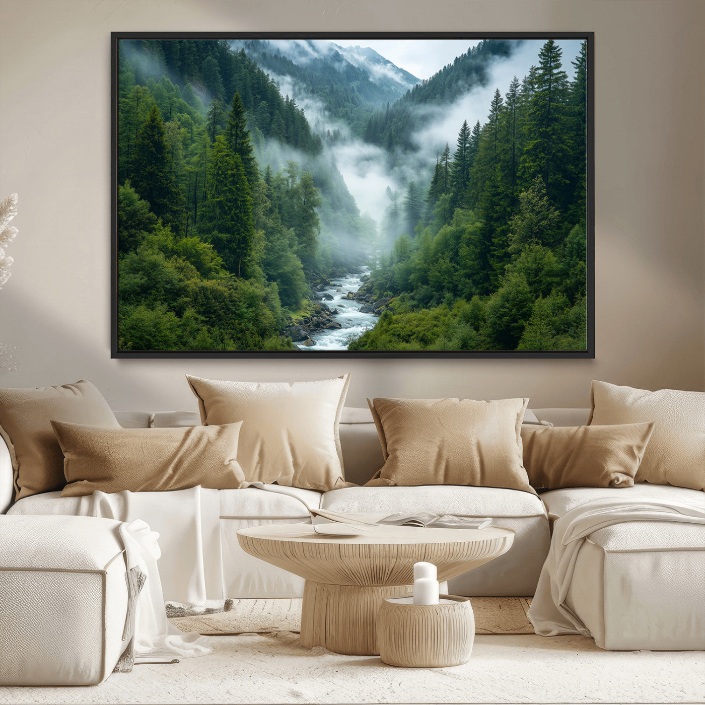 MGV-FC-36X24 - Mountain Forest River Canvas Wall Art Print - Serene Nature Landscape for Living Room, Office, or