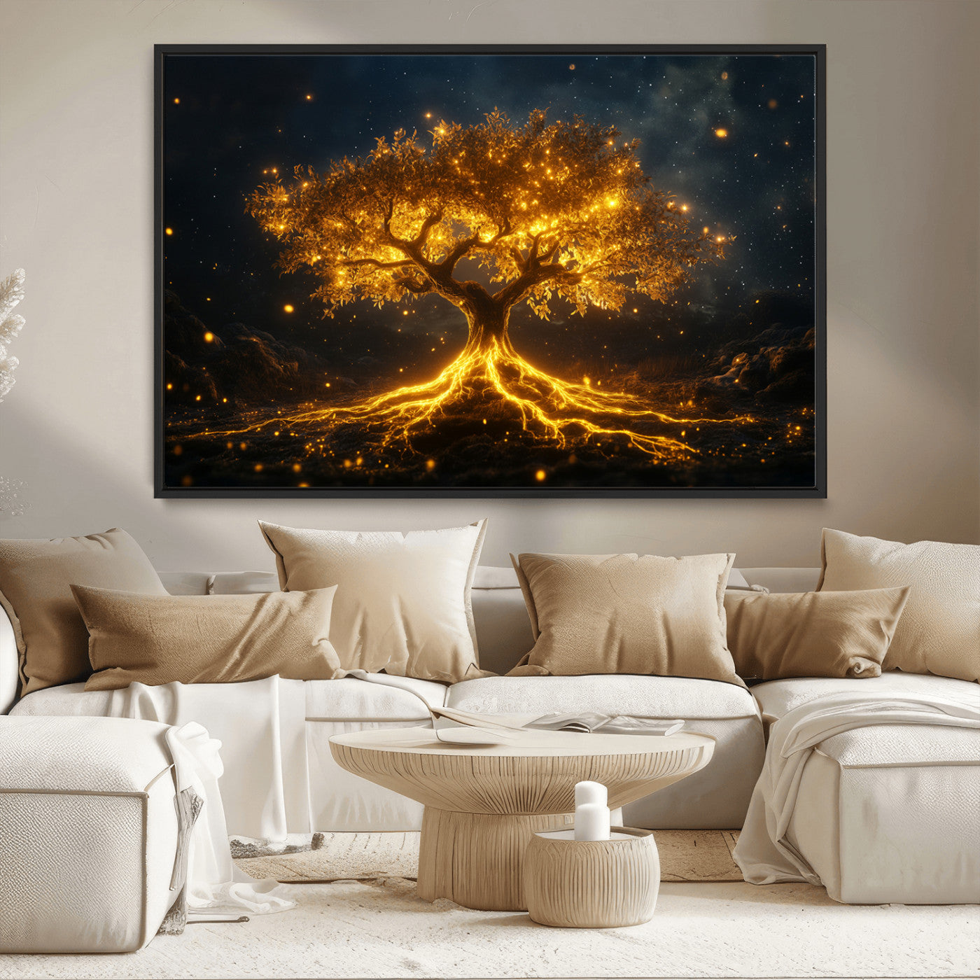 MGV-FC-36X24 - Golden Tree of Life Canvas Wall Art Print - Majestic Glowing Tree Design for Living Room, Office, or