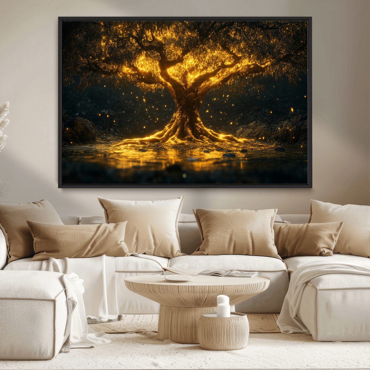 MGV-FC-36X24 - Golden Tree of Life Canvas Wall Art Print - Majestic Glowing Tree Wall Art Print