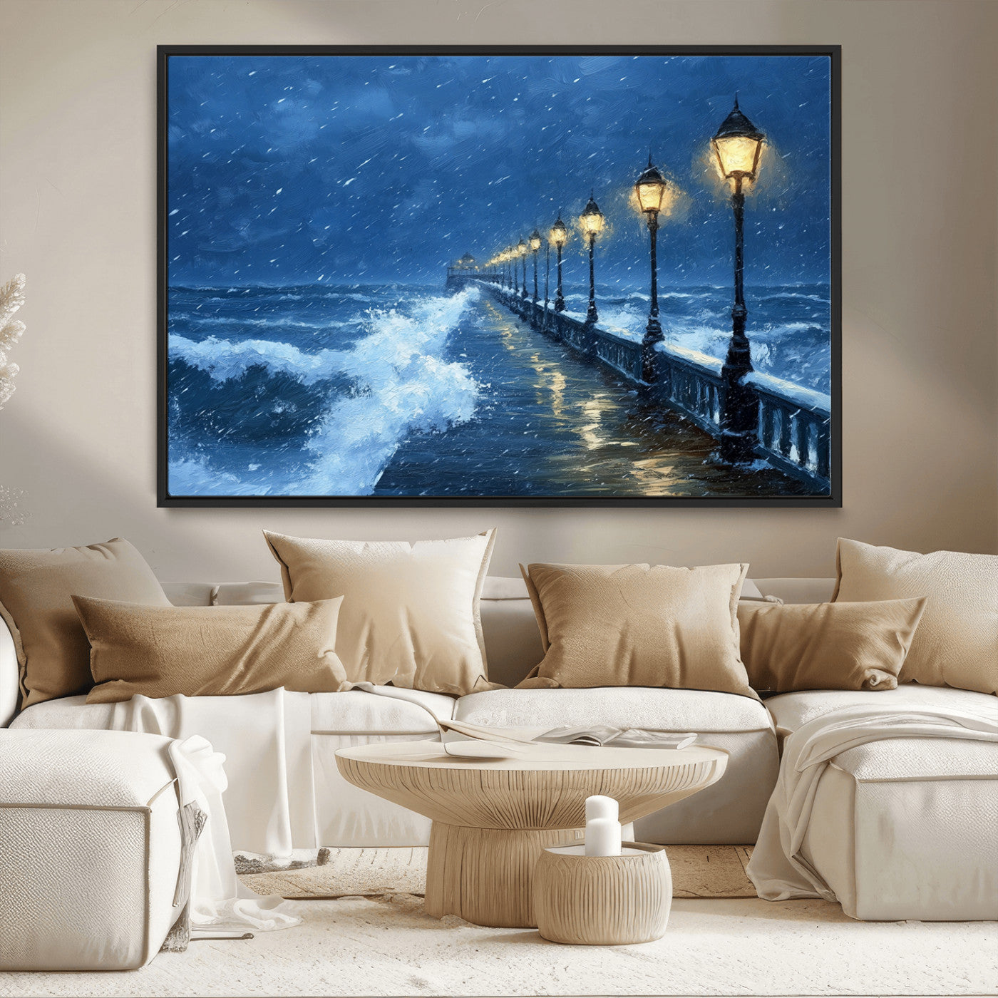 MGV-FC-36X24 - Stormy Ocean Pier Lights Canvas Wall Art Print - Large Moody Night Scene for Living Room, or Office,
