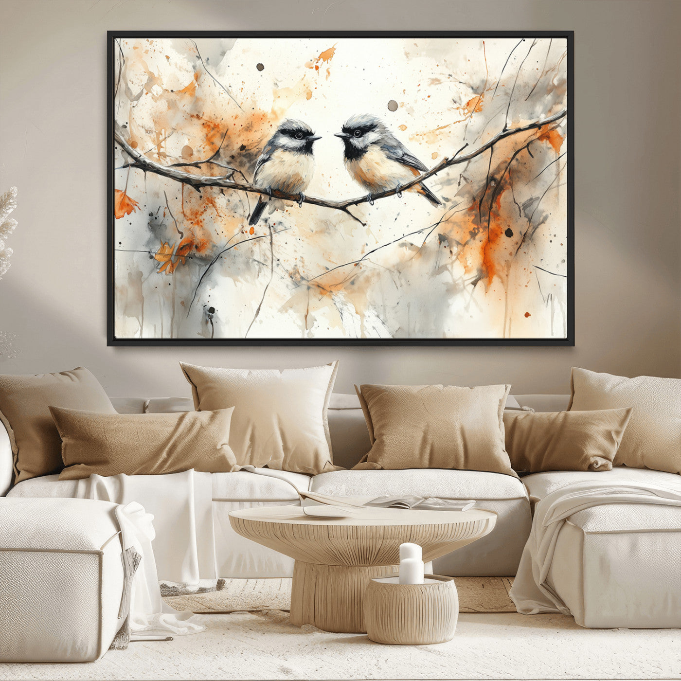 MGV-FC-36X24 - Abstract Watercolor Chickadee Bird Canvas Wall Art Print - Large Bird and Branch Wall Art, Modern