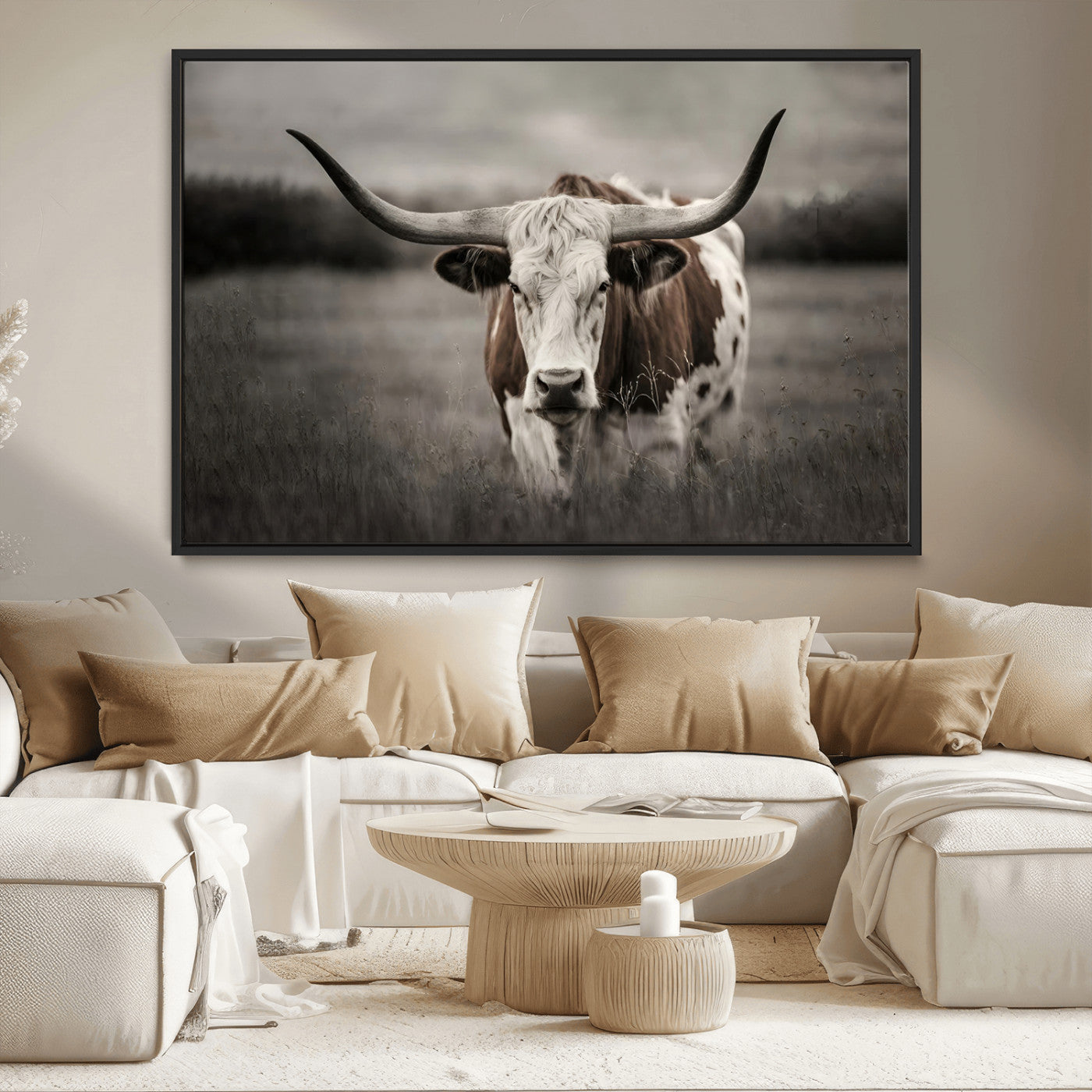 MGV-FC-36X24 - Texas Longhorn Cow Canvas Wall Art Print - Large Rustic Longhorn Art for Living Room, Western Wall