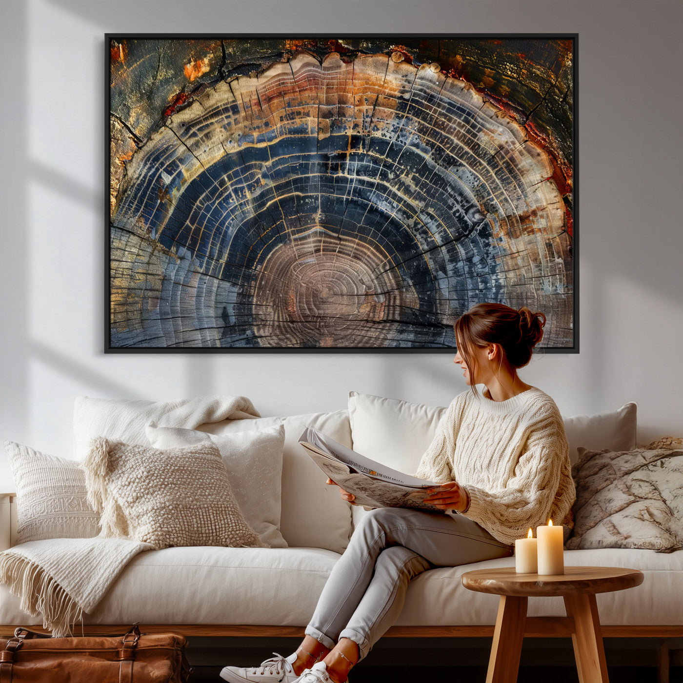 16193-MGV-CV-36X24 - Framed Wood Tree Ring Wall Art - Abstract Colorful Wood Ring Wall Decor for Minimalist Home Decor