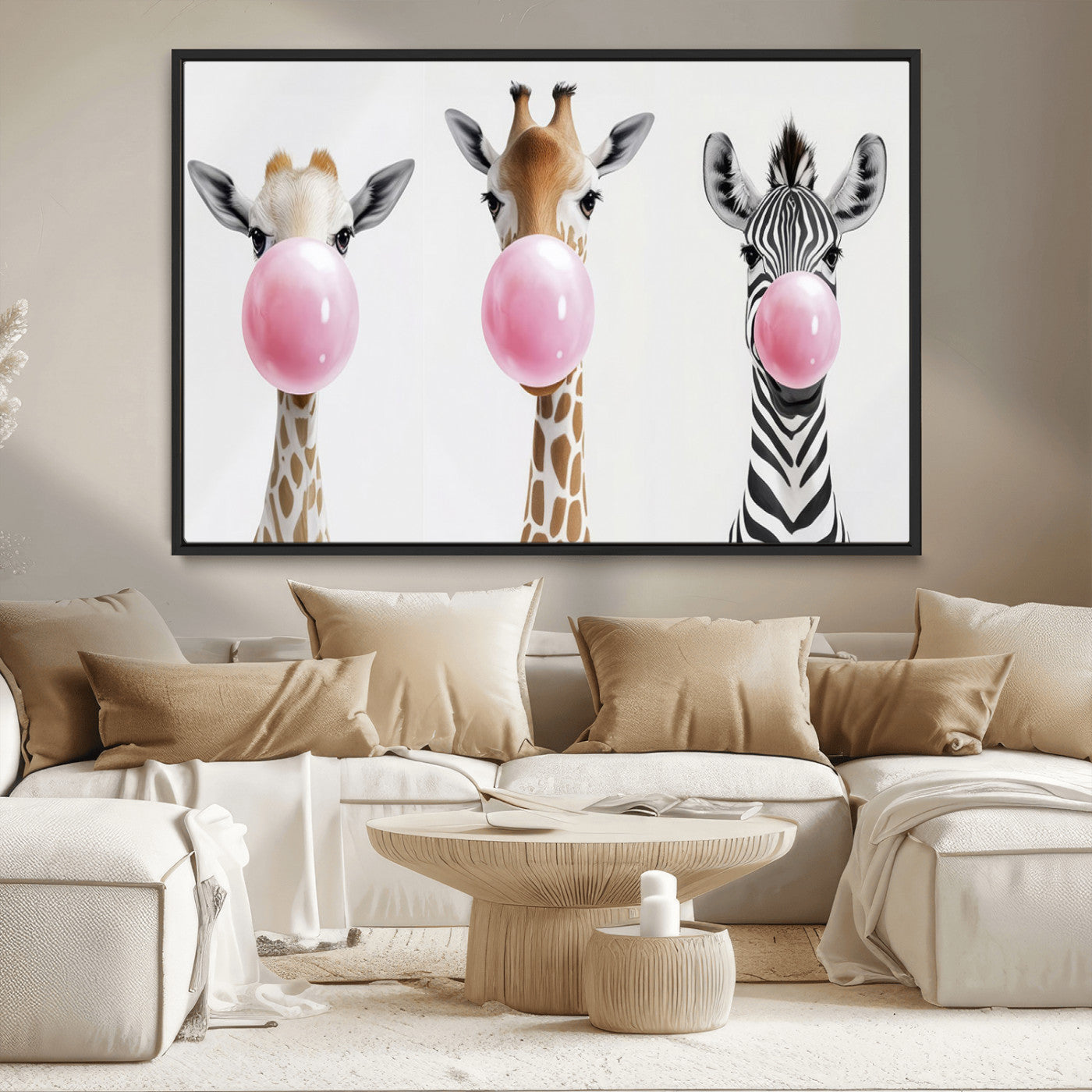 MGV-FC-36X24 - Bubblegum Animals Canvas Wall Art - Playful Giraffe and Zebra Trio, Fun Nursery Decor for Kids'