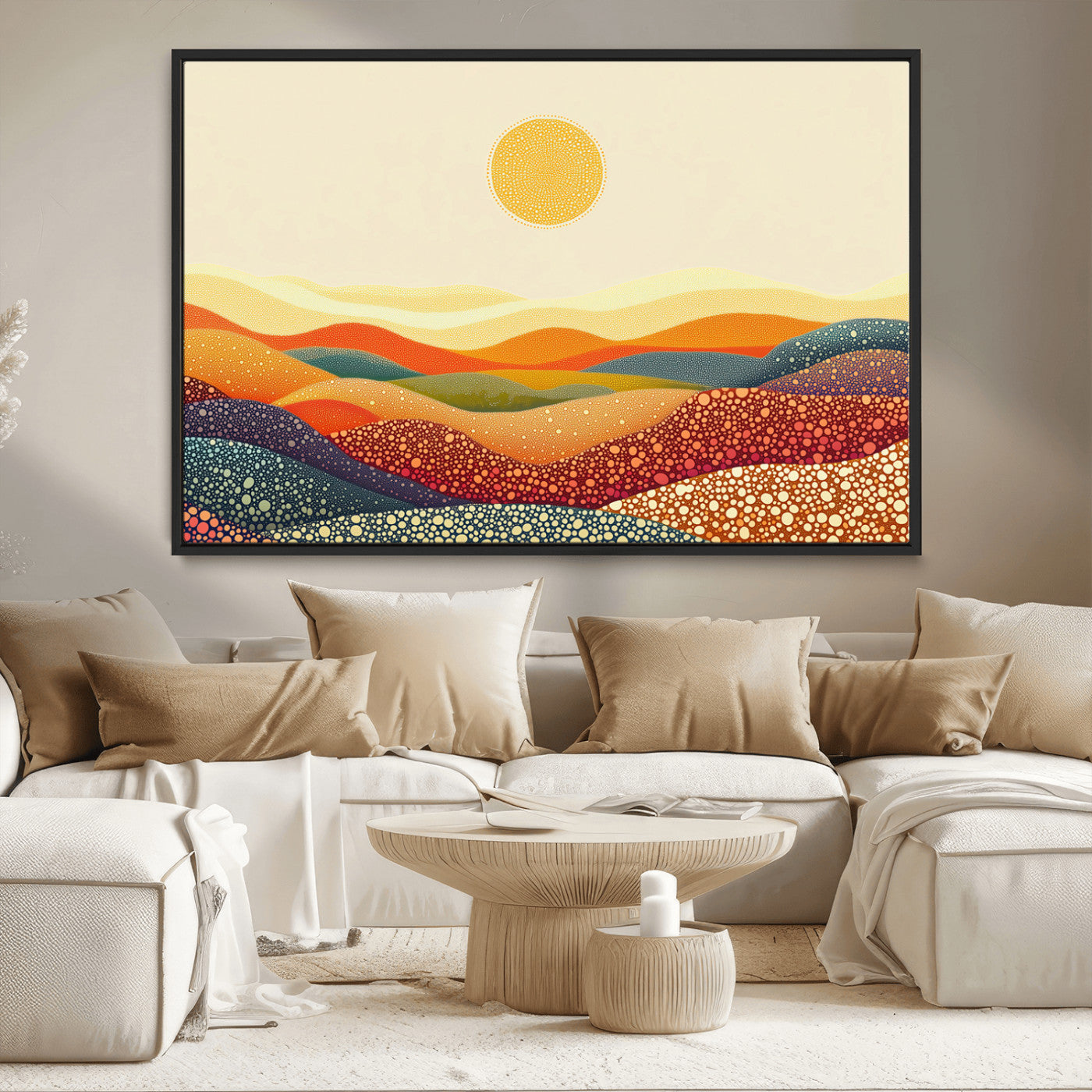 MGV-FC-36X24 - YAYOI KUSAMA Colorful Dot Art Landscape Canvas - Framed Abstract Pointillism Inspired by Nature with