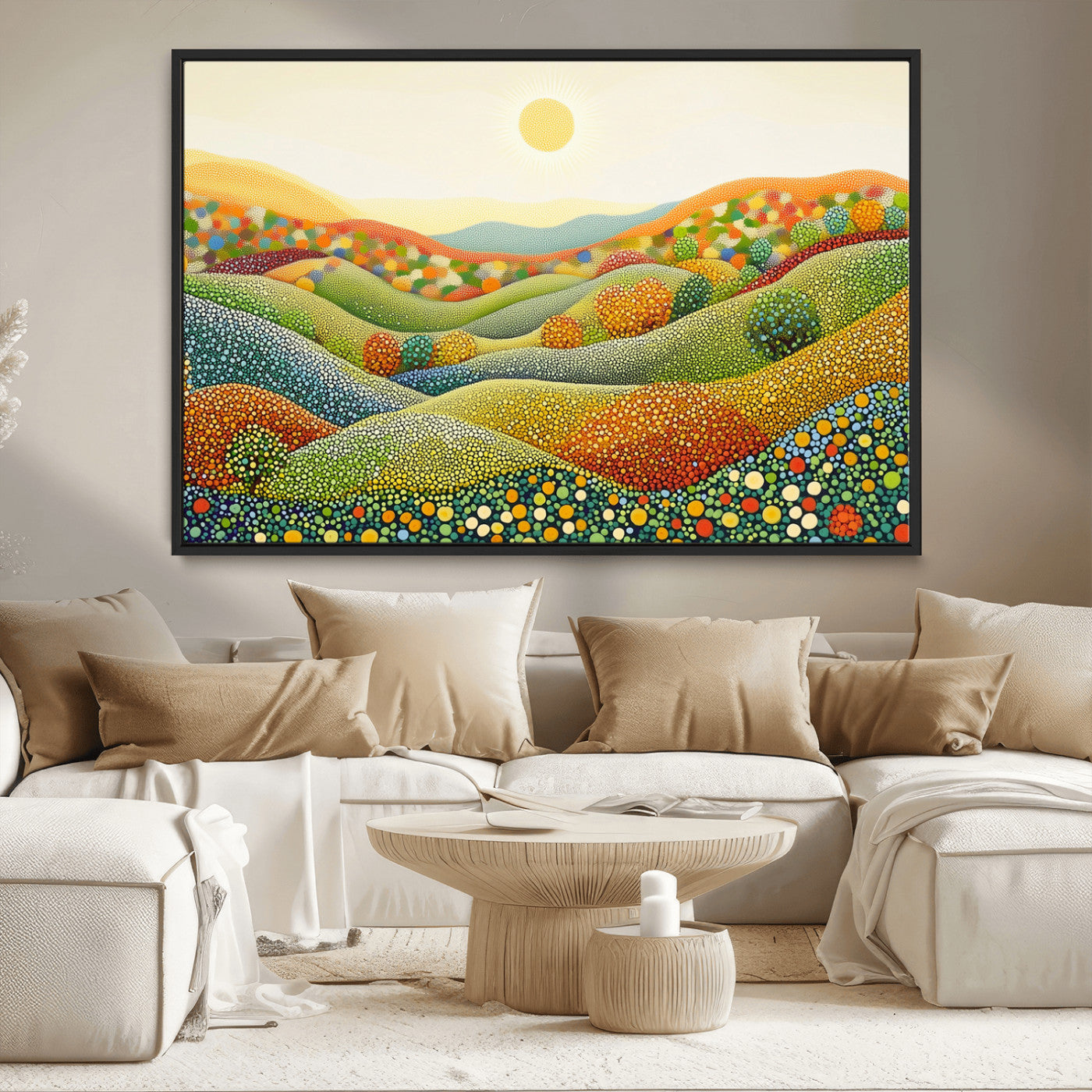 MGV-FC-36X24 - YAYOI KUSAMA Wall Art - Colorful Dot Art Landscape Canvas, Framed Japanese Dot Art