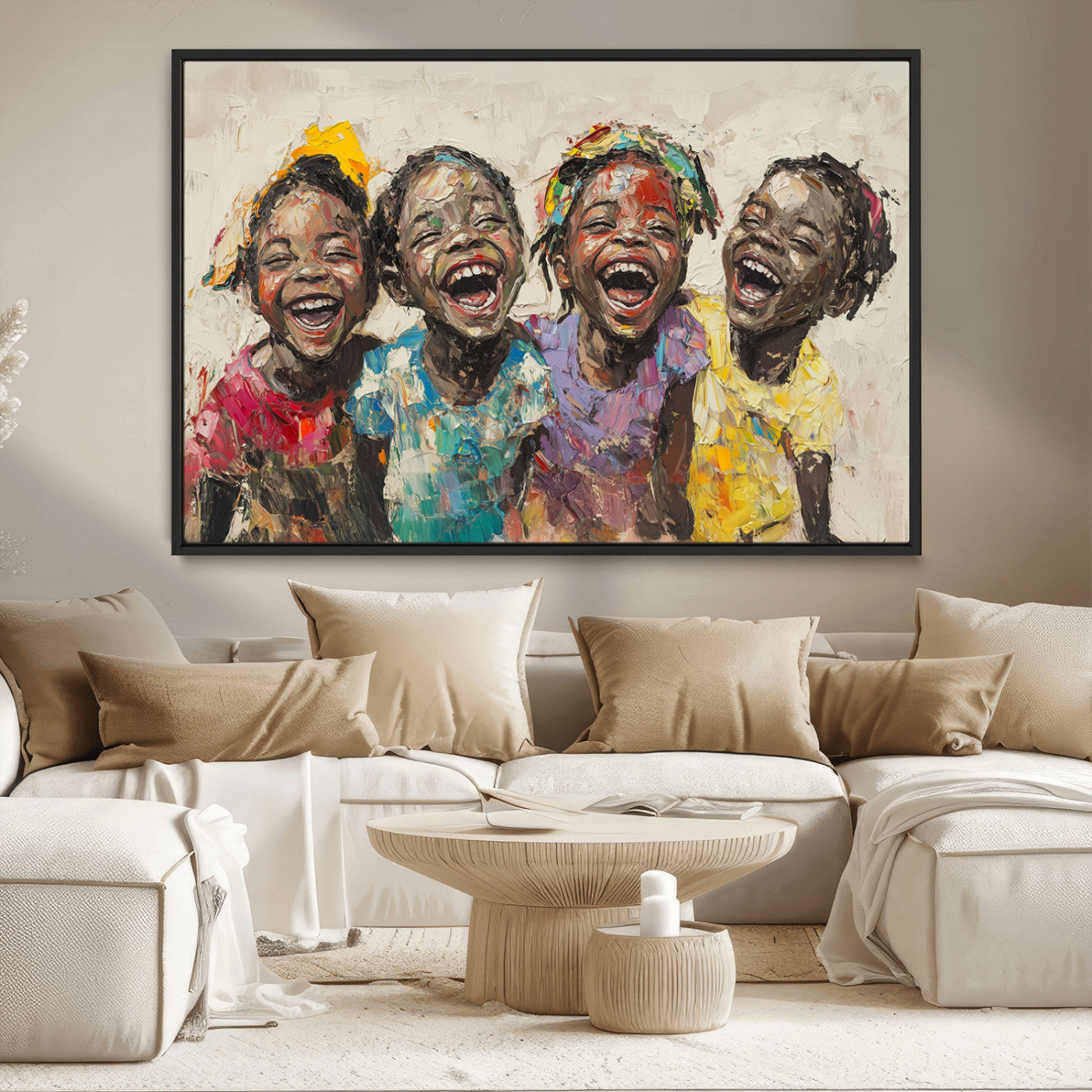 MGV-FC-36X24 - Shai Yossef style Joyful Childhood Canvas Wall Art - Expressive Impasto Painting of Black Children
