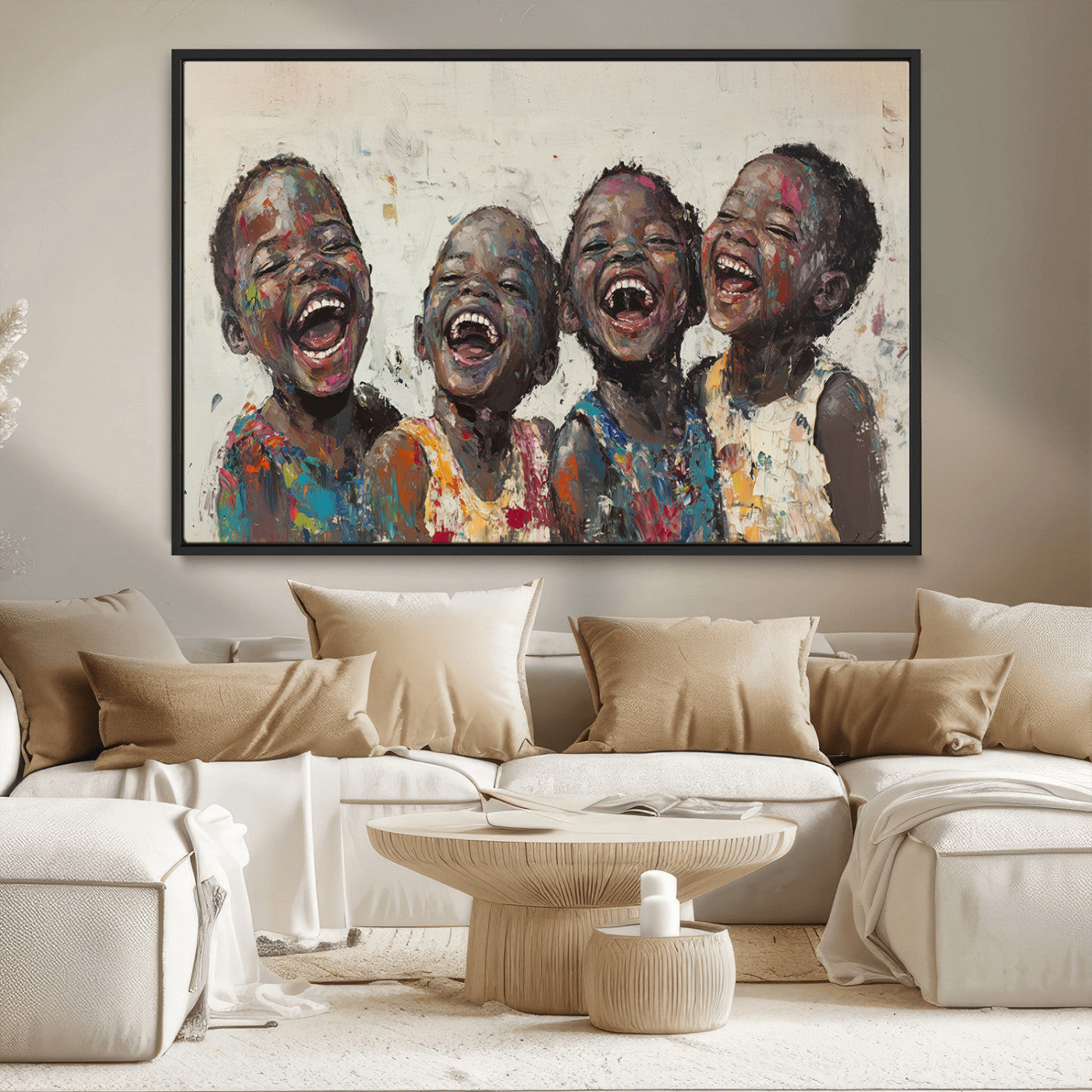 85256-MGV-CV-36X24-Shai Yossef Print - Joyful Childhood Canvas Wall Art - Expressive Impasto Painting of Laughing