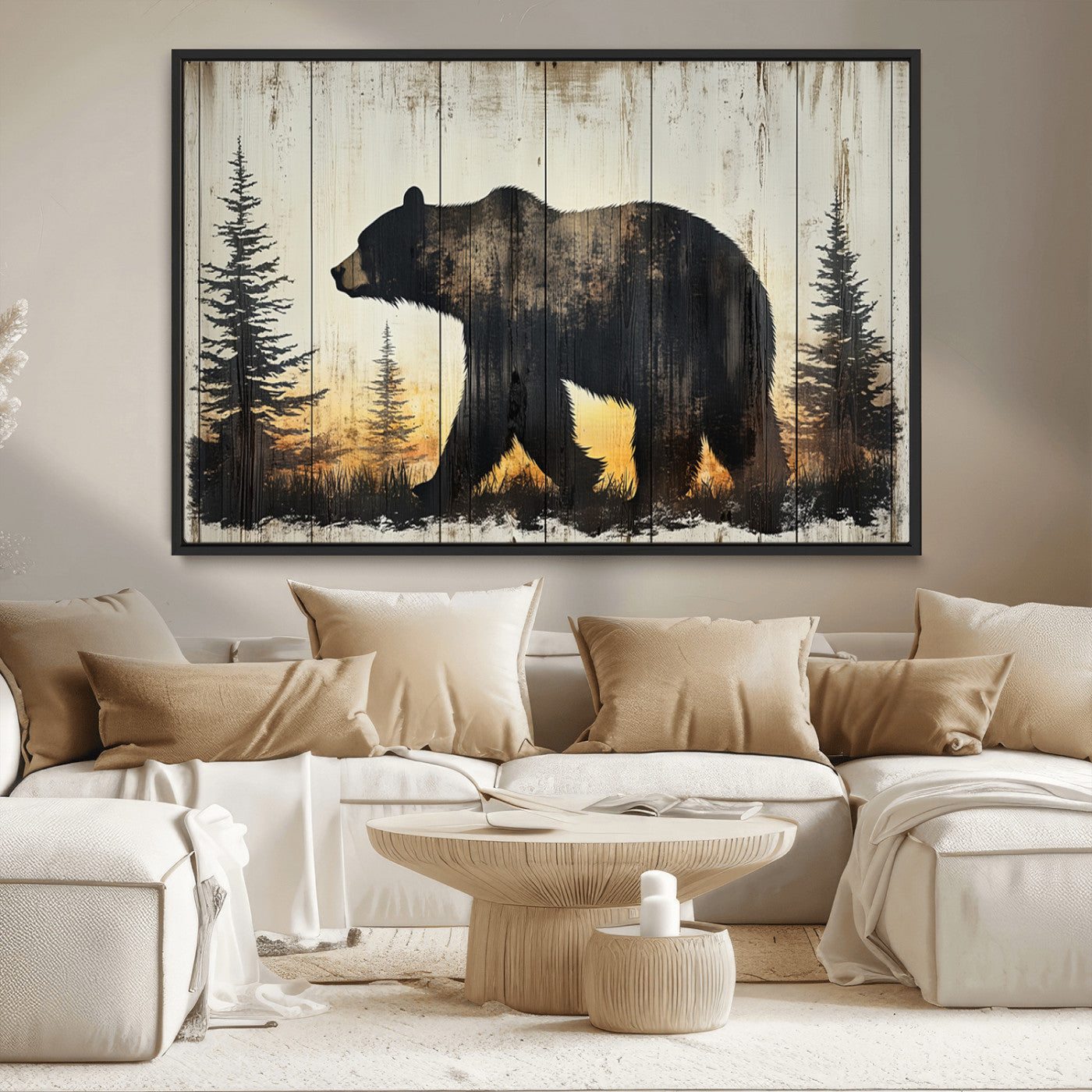 83875-MGV-CV-36X24-Vintage Bear Wall Art Canvas Print for Farmhouse - Mountain Wood Canvas Wall Art - Forest Silhouette