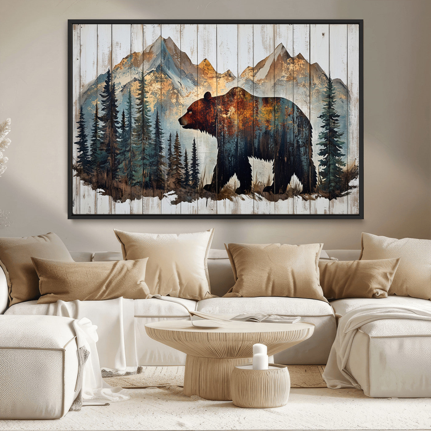 55777-MGV-CV-36X24-Rustic Grizzly 399 Bear and Mountain Wood Canvas Wall Art - Framed Nature Artwork with Forest