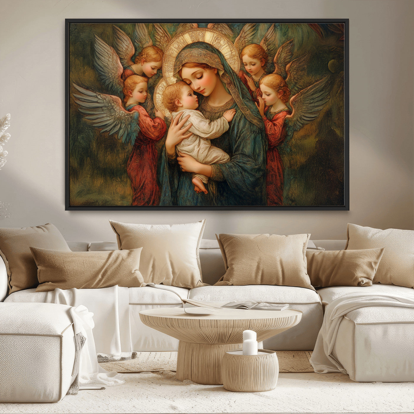 MGV-FC-36X24 - Mary Jesus Canvas Wall Art Print - Madonna and Child with Angels Art Print - Classic Christian