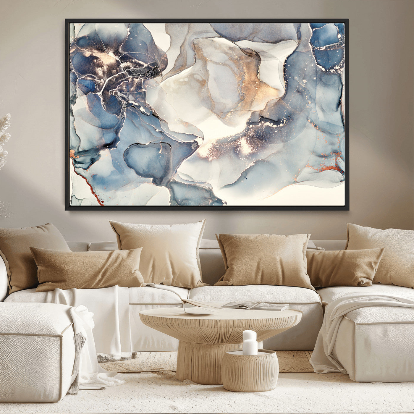 MGV-FC-36X24 - Abstract Blue and Gold Canvas Wall Art - Fluid Modern Ink Artwork - Modern Luxury Wall Decor for