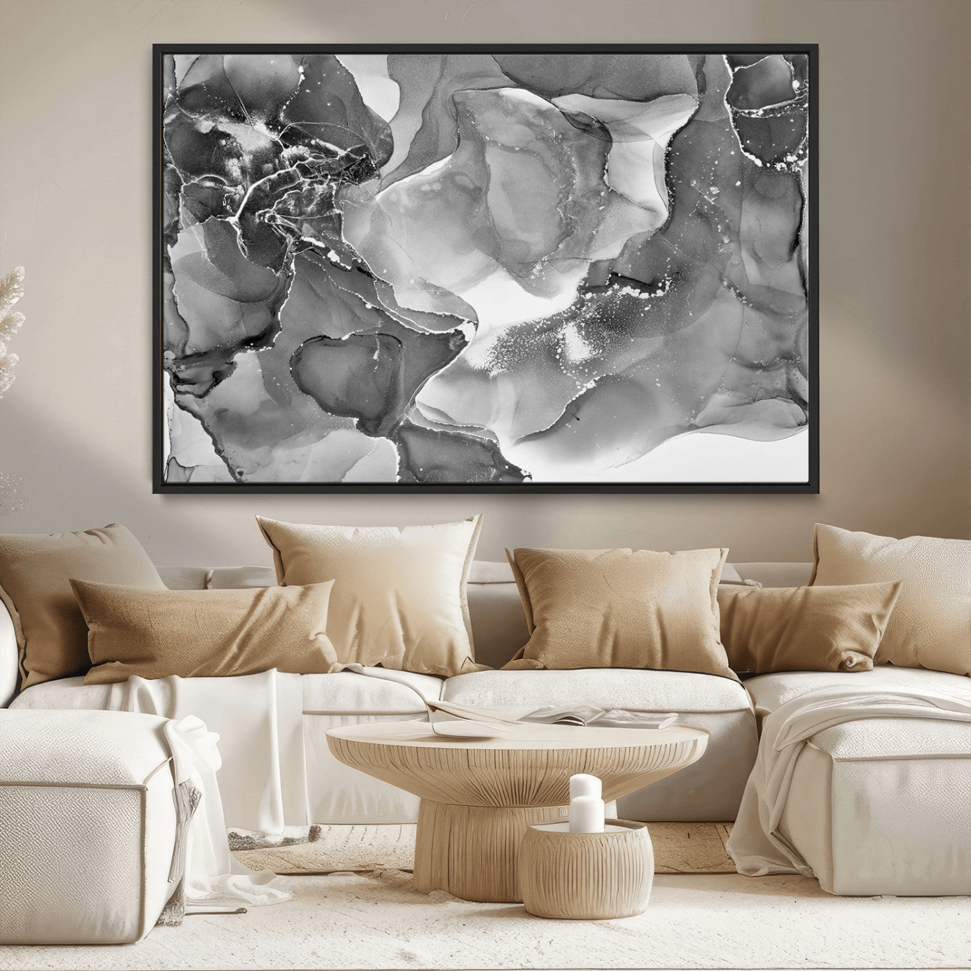 MGV-FC-36X24 - Black White Abstract Canvas Wall Art - Fluid Ink Artwork - Modern Luxury Wall Decor for Contemporary