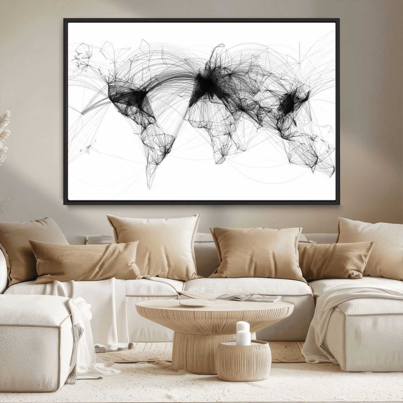 50136-MGV-CV-36X24-Abstract World Map Wall Art – Framed Geometric Line Canvas Artwork, Modern Global Design, Contemporary Decor for Home, Office