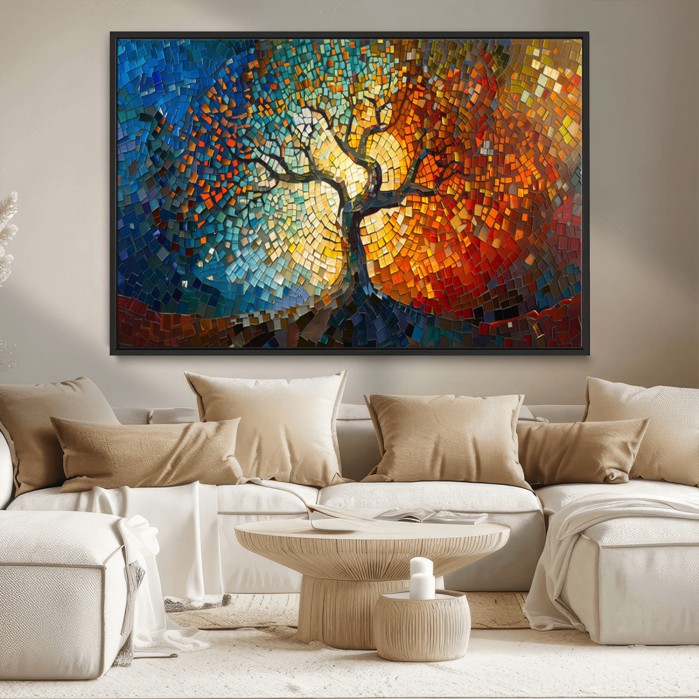 MGV-FC-36X24 - Mosaic Tree Canvas Wall Art Canvas Print – Vibrant Stained Glass-Inspired Tree of Life - Ready to