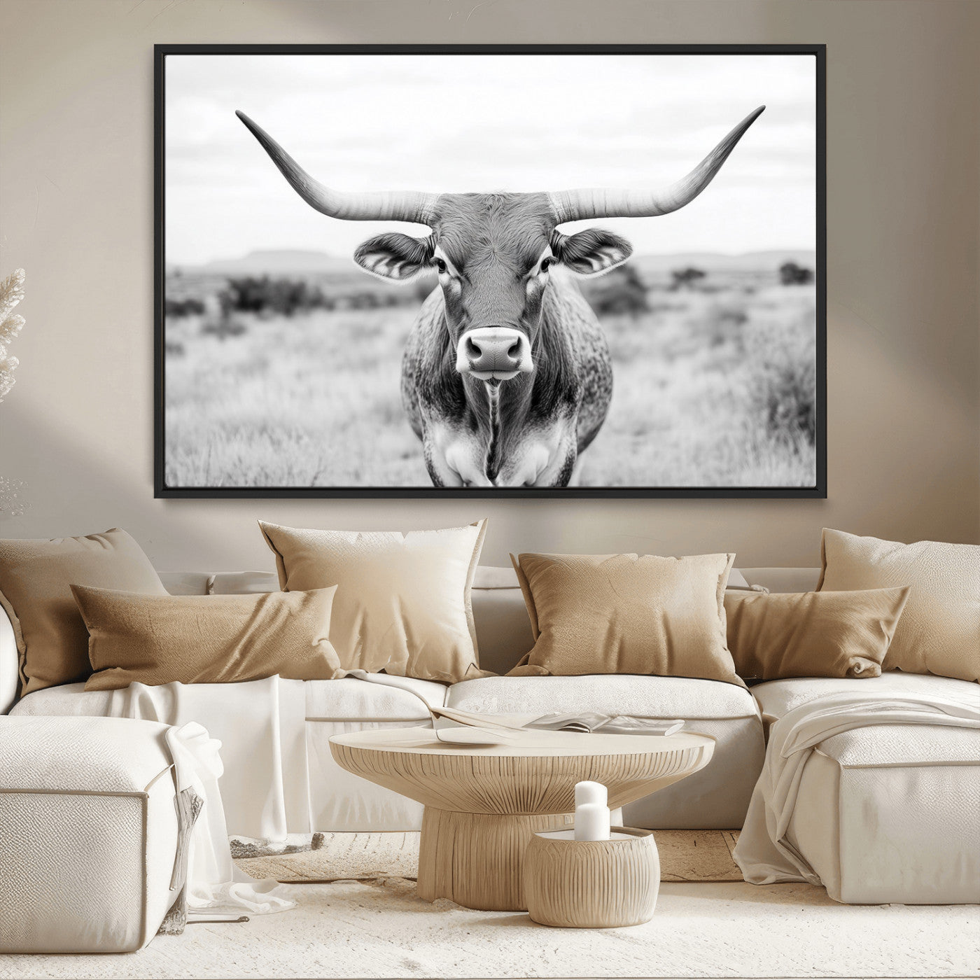 MGV-FC-36X24 - Highland Cow Wall Art Print - Black and White Texas Western Longhorn Canvas - Farmhouse Decor Print