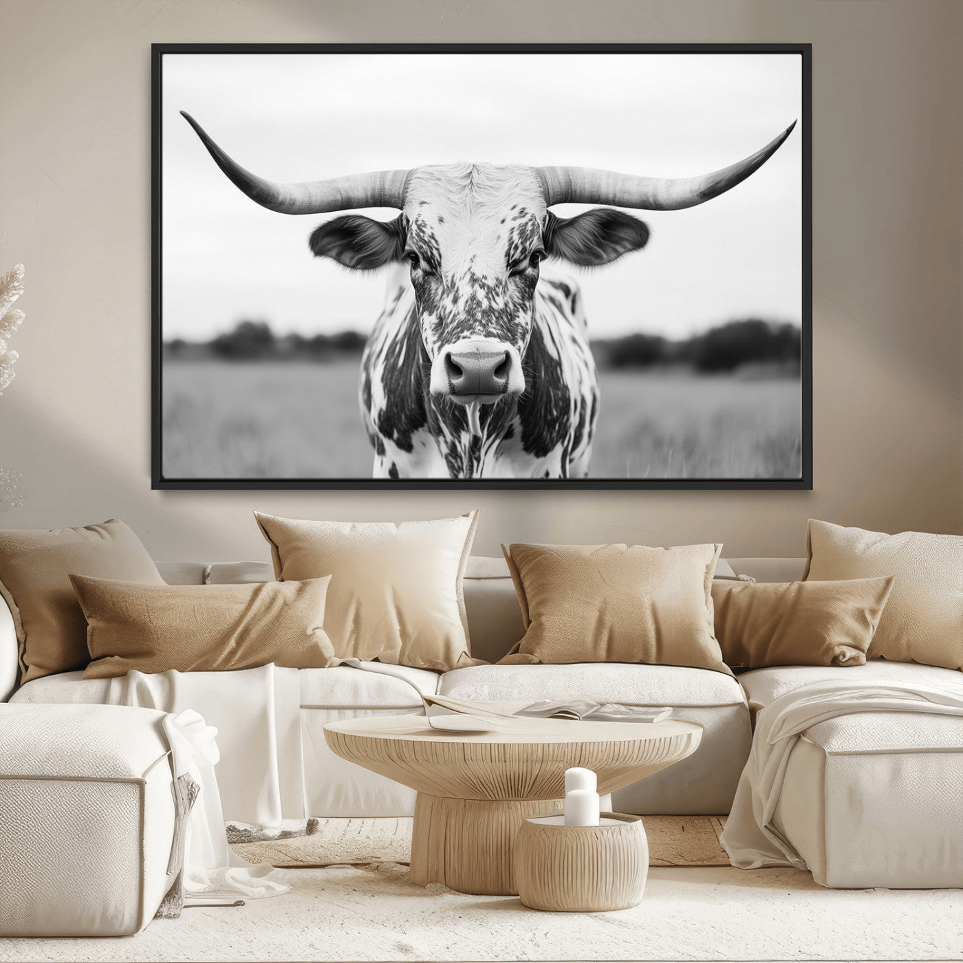 MGV-FC-36X24 - Highland Cow Wall Art - Black and White Western Longhorn Canvas Print - Farmhouse Living Room Decor