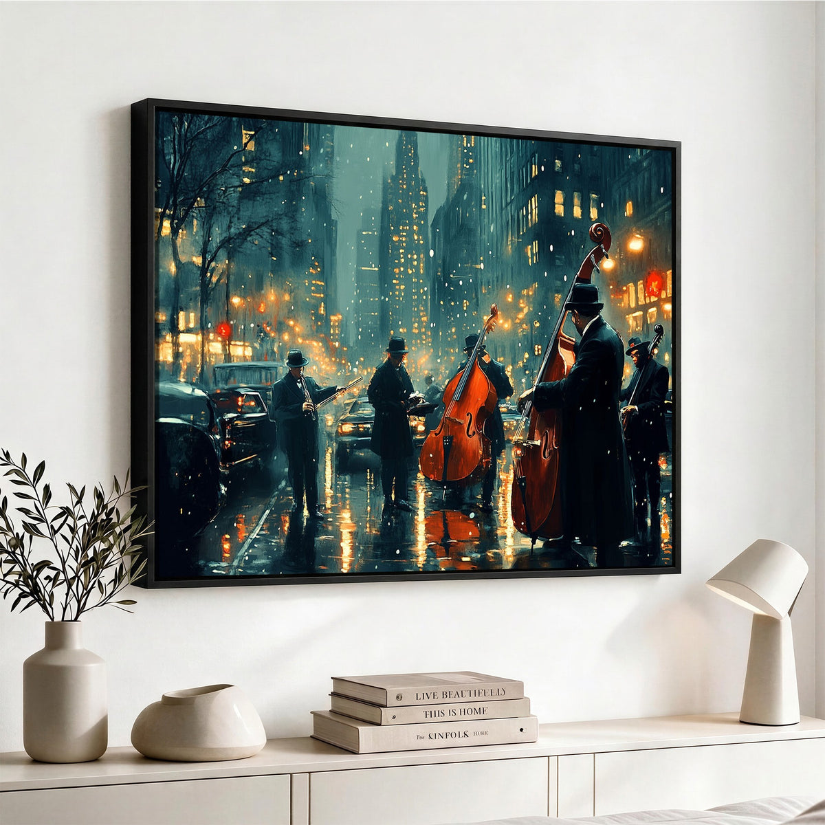 53391-MGV-CV-24X16 - Urban Night Jazz Wall Art Canvas Print | Moody Rain Soaked City Street Band Scene