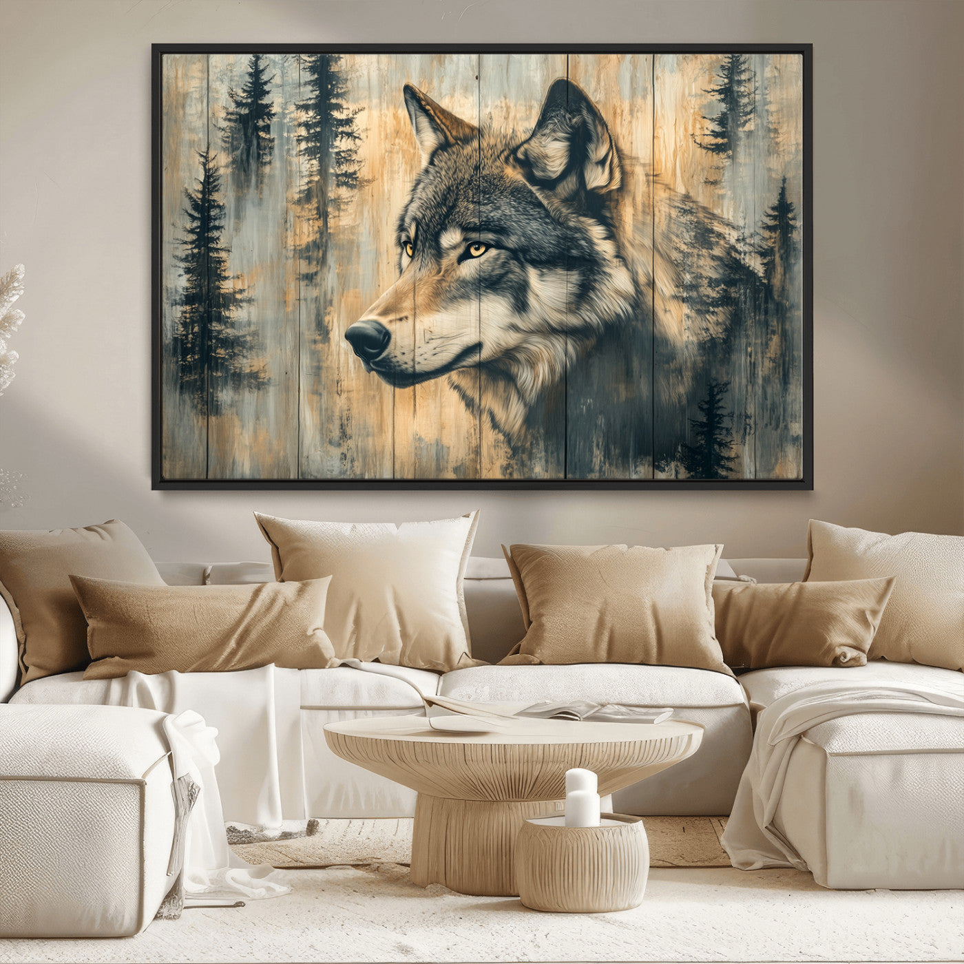 MGV-FC-36X24 - Wood Style Rustic Wolf Wall Art Canvas Print, Vintage Woodland Wolf Wall Art, Framed Wood Style Wolf