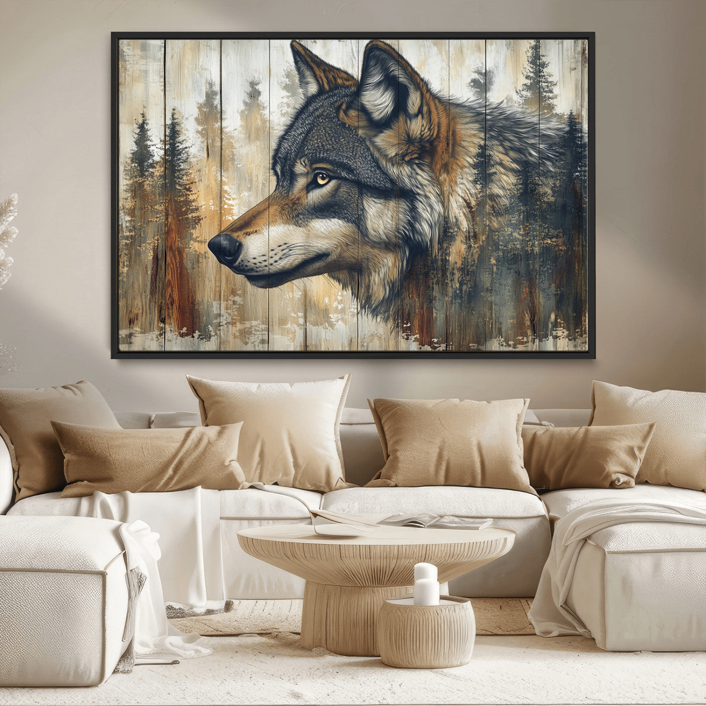MGV-FC-36X24 - Rustic Wolf Wall Art Canvas Print, Vintage Woodland Wolf Wall Art